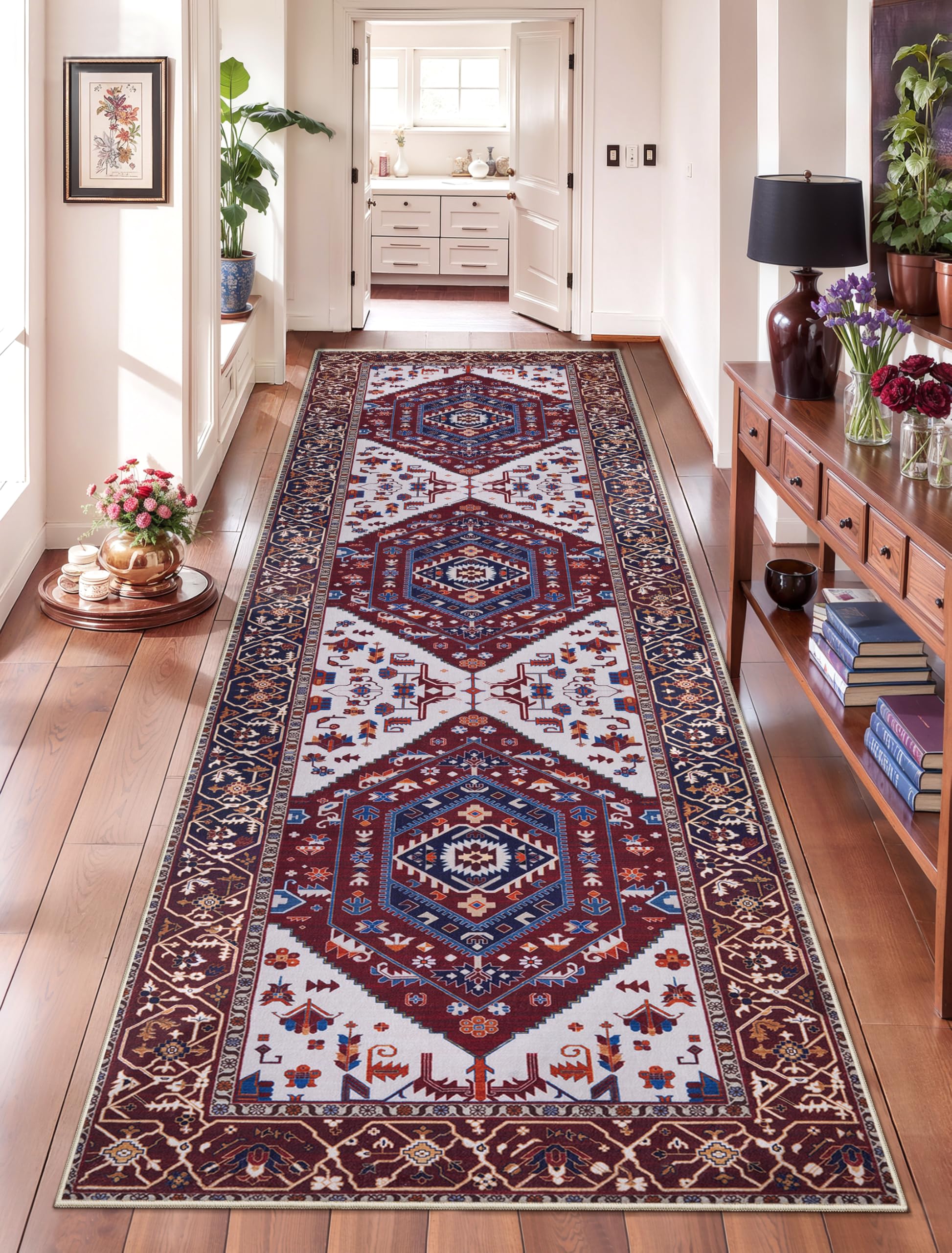 SERISSA Washable Rugs 8x10 Area Rugs, Large Non-Slip Boho Living Room Rust Rug, Ultra Soft Vintage Print Distressed Oriental Tribal Farmhouse Carpet for Dining Room Bedroom Dorm Office Home Decor