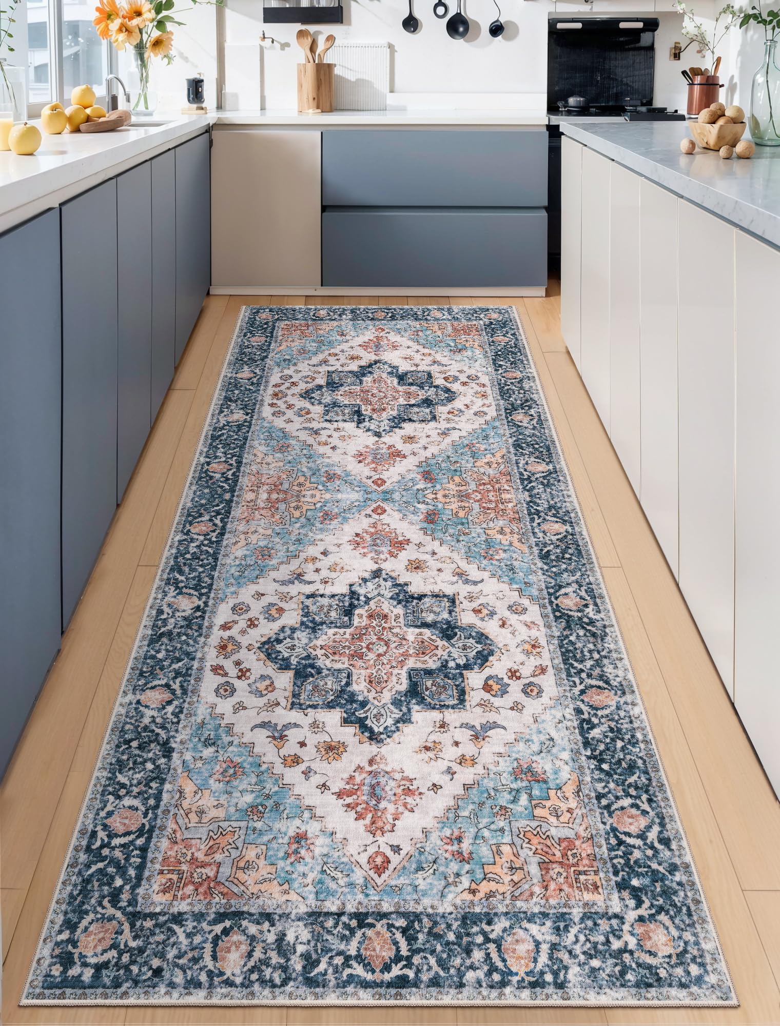 SERISSA Washable Rugs 8x10 Area Rugs, Large Non-Slip Boho Living Room Rust Rug, Ultra Soft Vintage Print Distressed Oriental Tribal Farmhouse Carpet for Dining Room Bedroom Dorm Office Home Decor