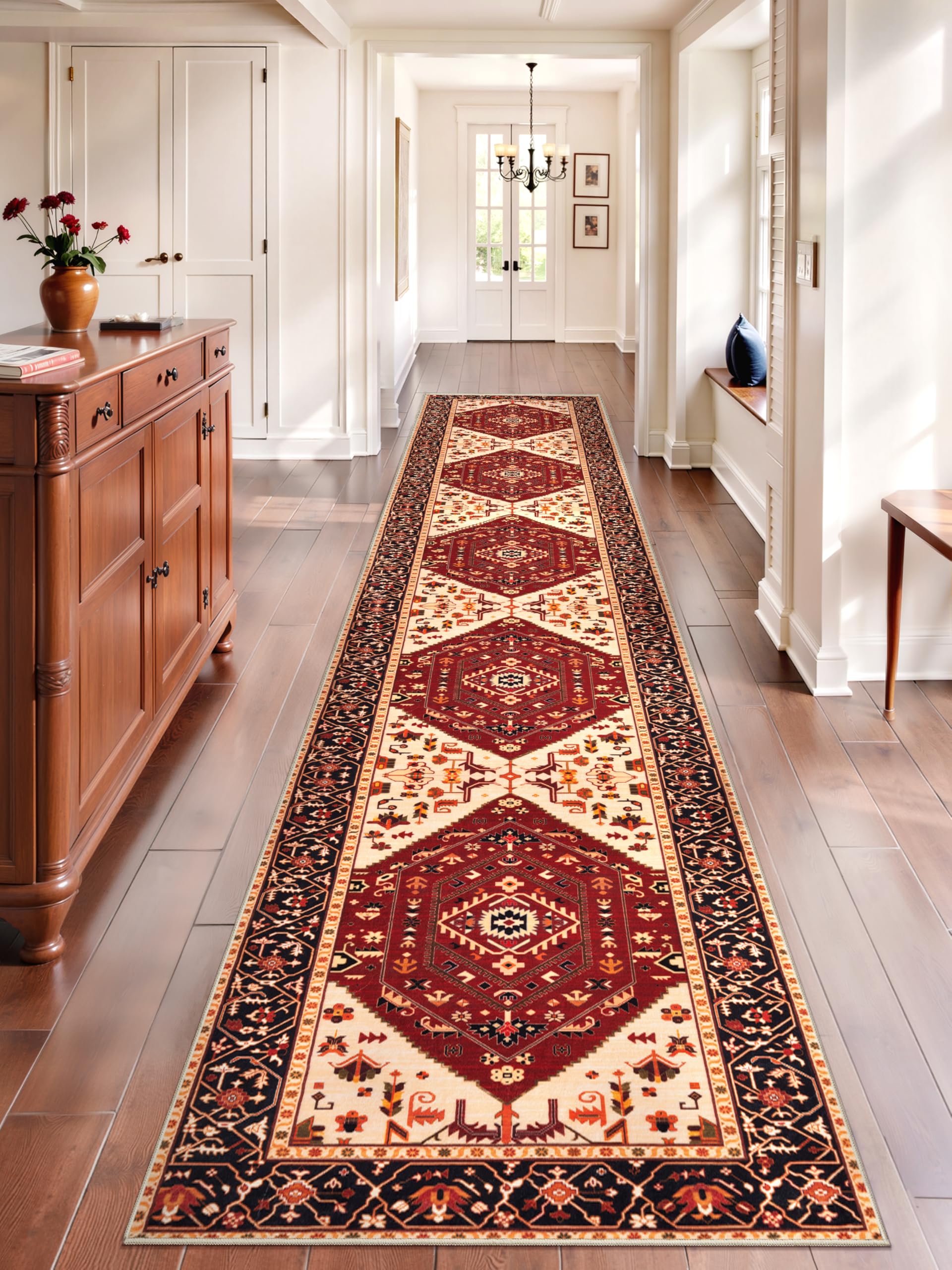 SERISSA Washable Rugs 8x10 Area Rugs, Large Non-Slip Boho Living Room Rust Rug, Ultra Soft Vintage Print Distressed Oriental Tribal Farmhouse Carpet for Dining Room Bedroom Dorm Office Home Decor
