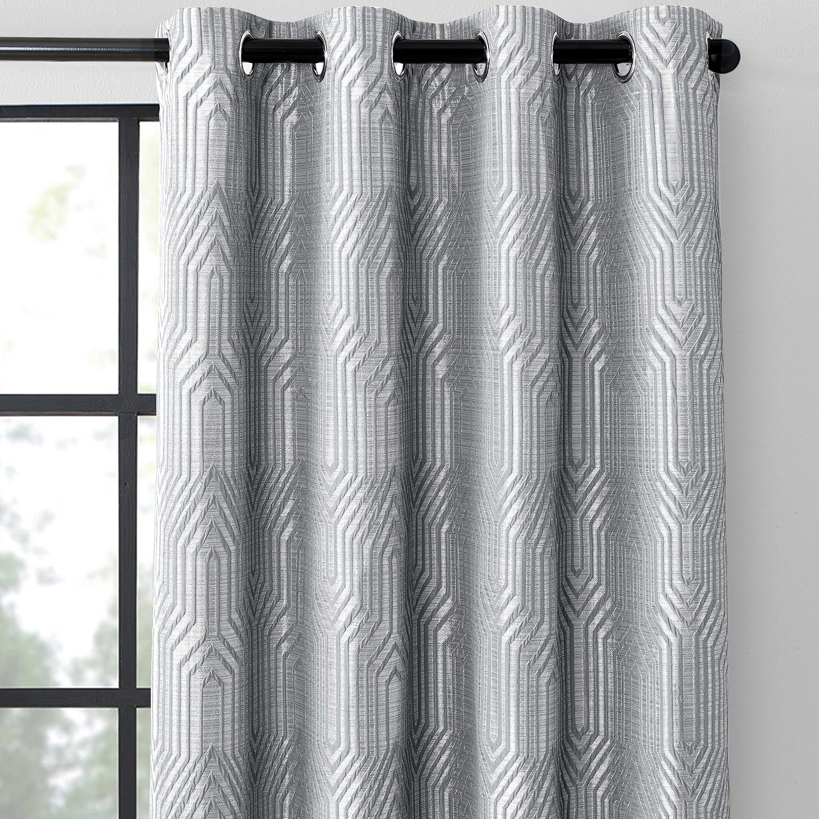 Beige and Silvery 100% Blackout Jacquard Geometric Pattern Curtains,52 Inch Wide 84 Inches Long 2 Panels, Thermal Insulated Noise Reducing Anti-Rust Grommet Drapes for Bedroom Living Room, Cream
