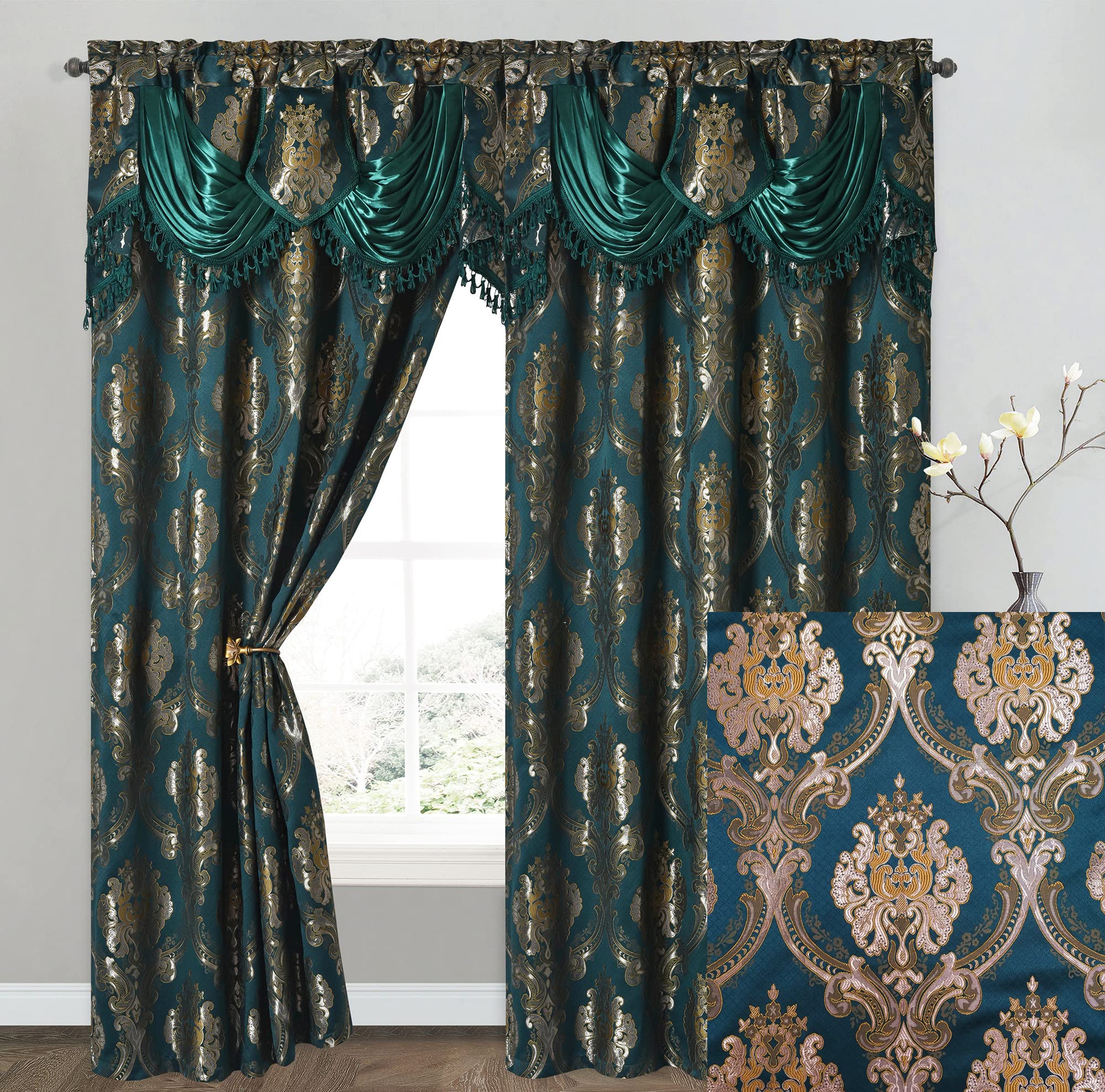 GOHD Luxe Love. Jacquard Window Curtain Panel Drape with Attached Fancy Valance. 2pcs Set (Sand, 84" Drop x 54" Wide with 18" Valance x 2pcs)