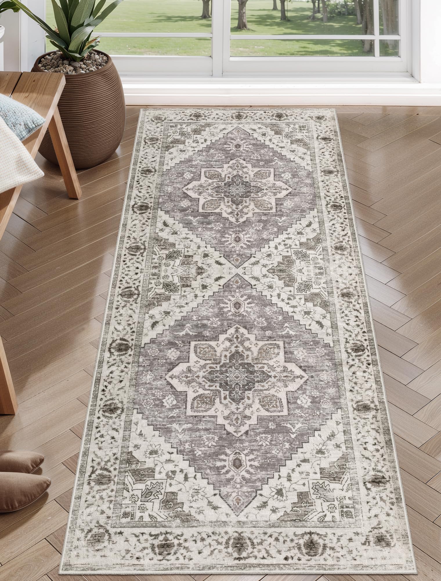 SERISSA Washable Rugs 8x10 Area Rugs, Large Non-Slip Boho Living Room Rust Rug, Ultra Soft Vintage Print Distressed Oriental Tribal Farmhouse Carpet for Dining Room Bedroom Dorm Office Home Decor
