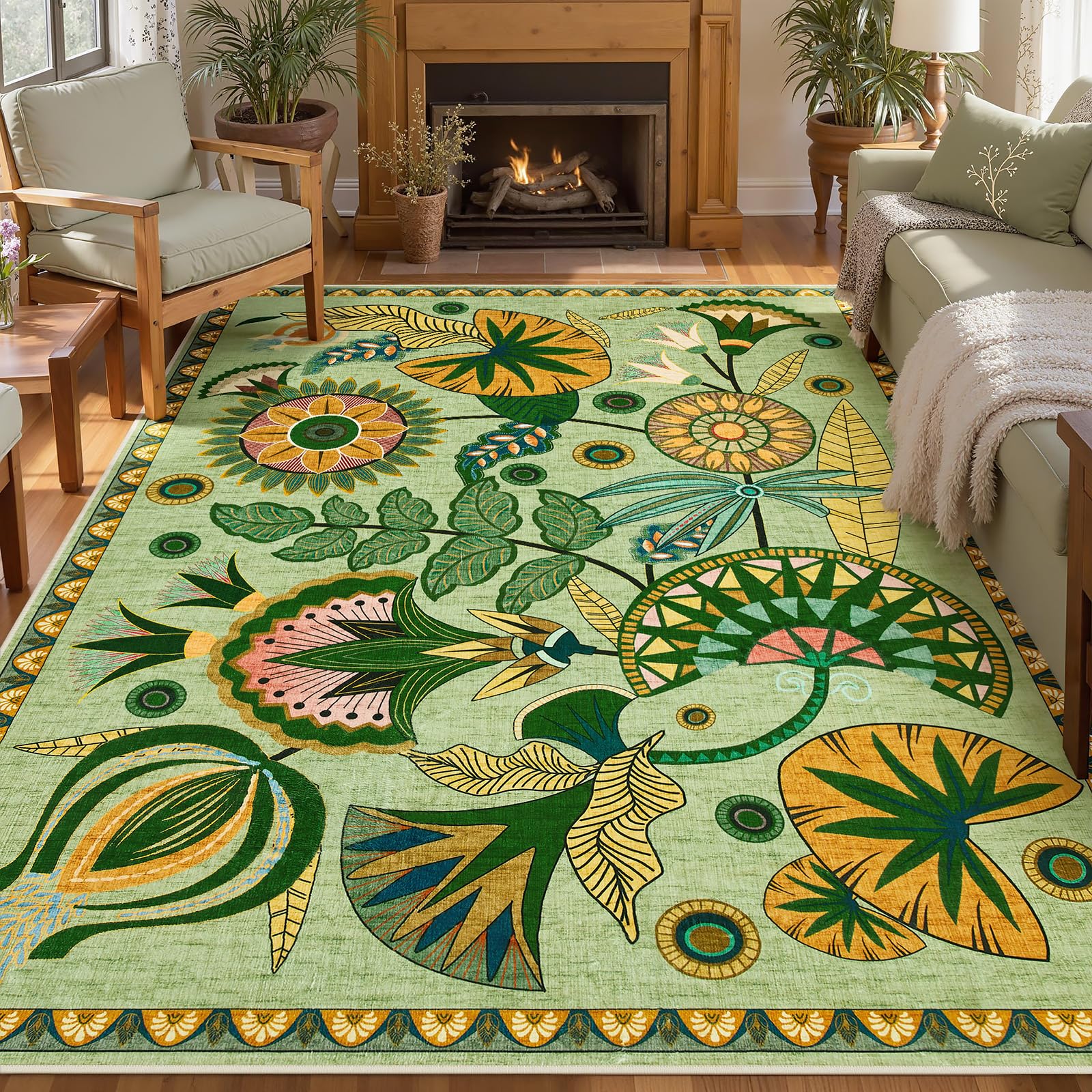 Joydeco Egypt Floral Boho 8x10 Area Rugs for Bedroom Aesthetic, Washable Vintage Living Dining Room Rug Non Slip, Beige Large Indoor Throw Carpet for Playroom Nursery Dorm Classroom