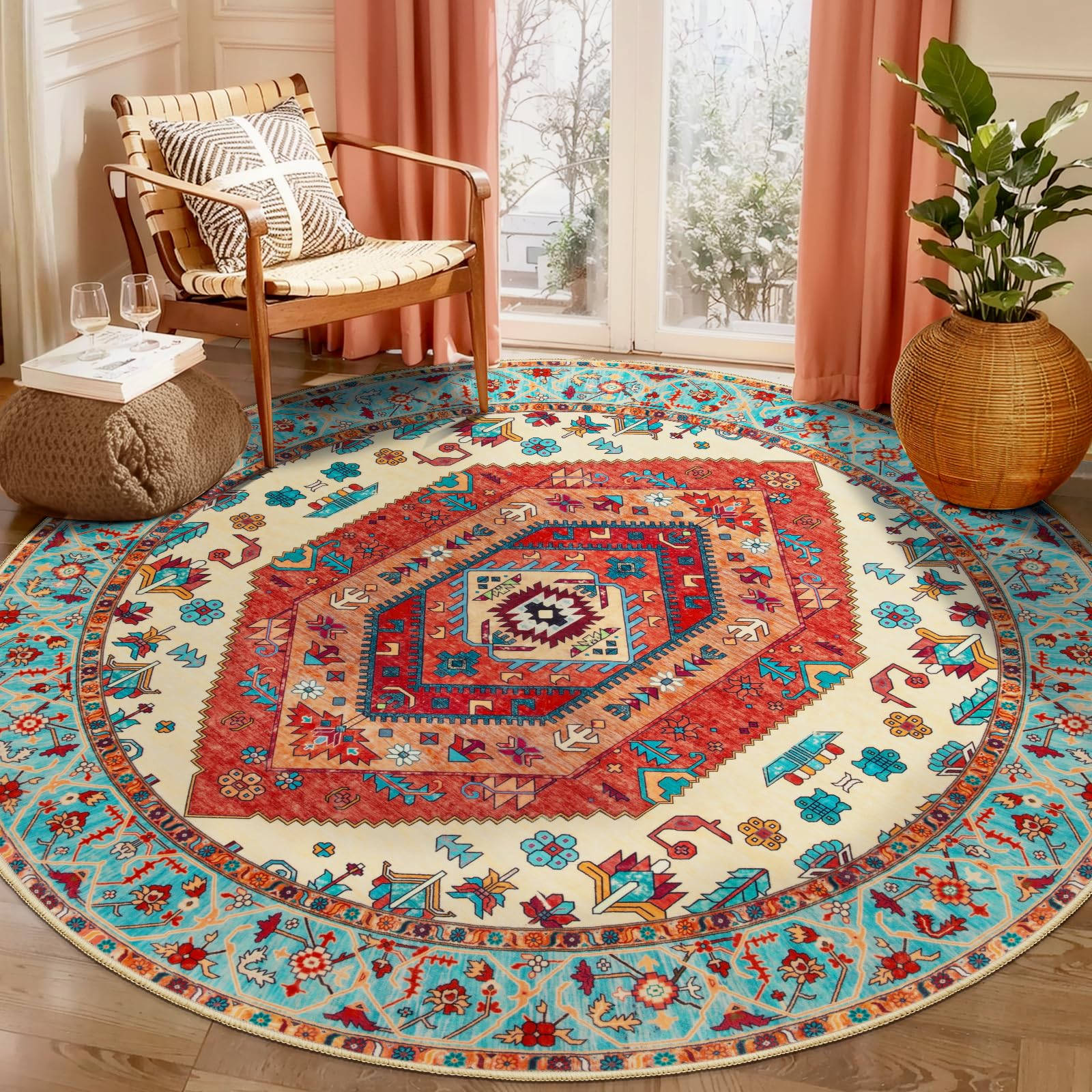 SERISSA Washable Rugs 8x10 Area Rugs, Large Non-Slip Boho Living Room Rust Rug, Ultra Soft Vintage Print Distressed Oriental Tribal Farmhouse Carpet for Dining Room Bedroom Dorm Office Home Decor
