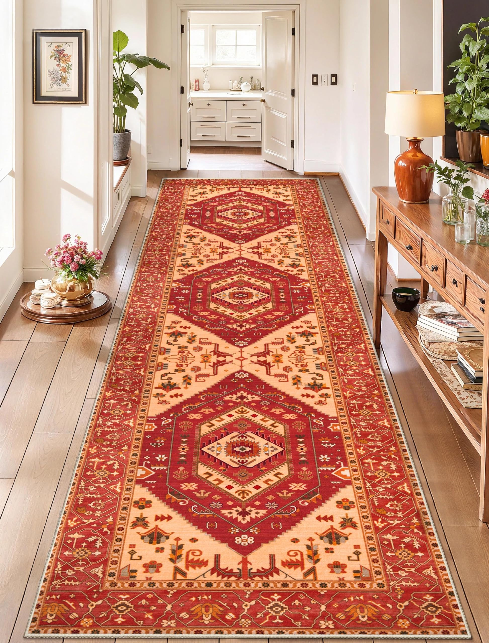 SERISSA Washable Rugs 8x10 Area Rugs, Large Non-Slip Boho Living Room Rust Rug, Ultra Soft Vintage Print Distressed Oriental Tribal Farmhouse Carpet for Dining Room Bedroom Dorm Office Home Decor