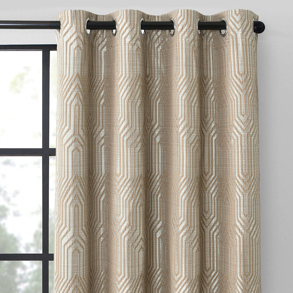 Beige and Silvery 100% Blackout Jacquard Geometric Pattern Curtains,52 Inch Wide 84 Inches Long 2 Panels, Thermal Insulated Noise Reducing Anti-Rust Grommet Drapes for Bedroom Living Room, Cream