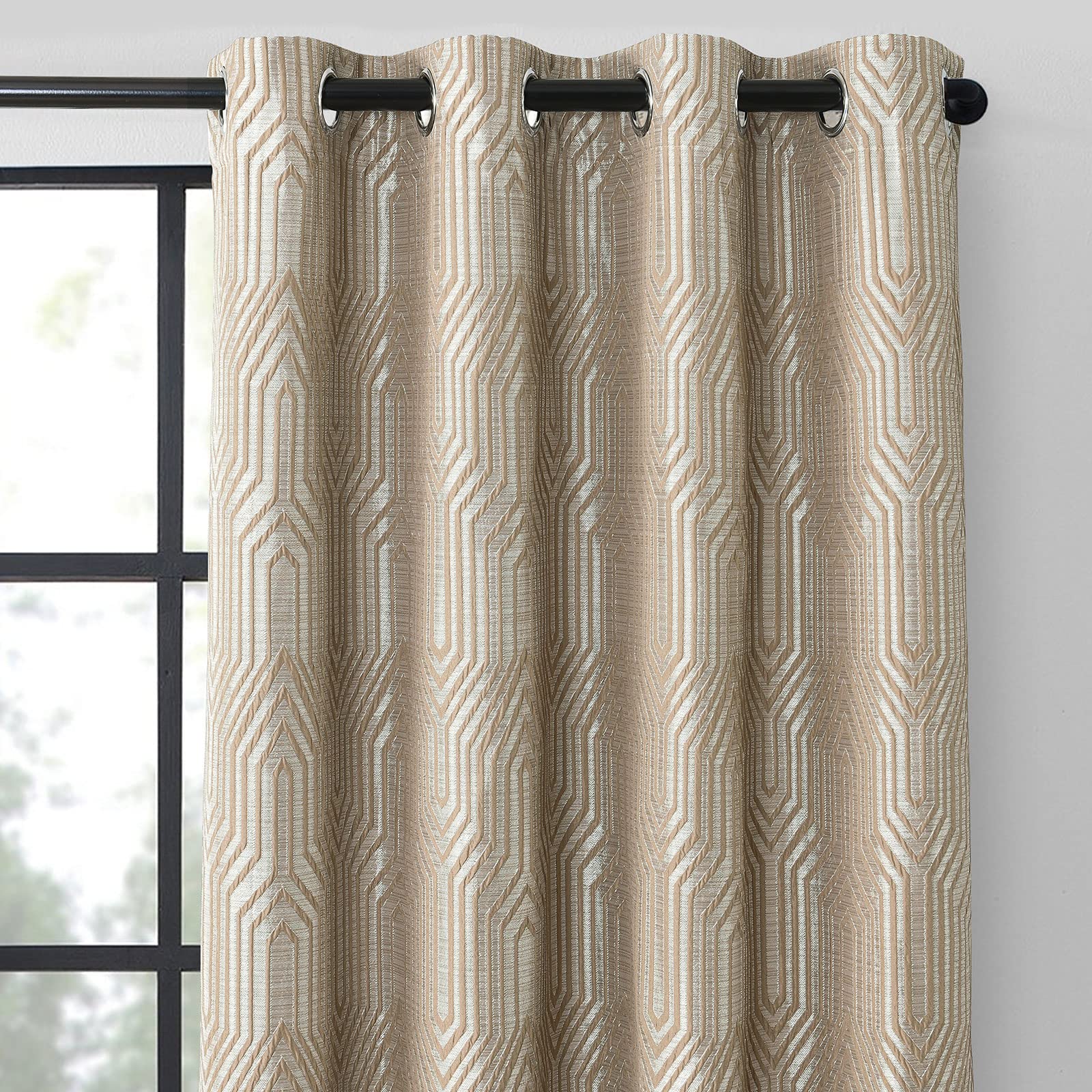 Beige and Silvery 100% Blackout Jacquard Geometric Pattern Curtains,52 Inch Wide 84 Inches Long 2 Panels, Thermal Insulated Noise Reducing Anti-Rust Grommet Drapes for Bedroom Living Room, Cream
