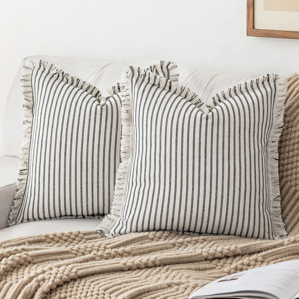 YEENAASY Throw Pillow Covers 18x18 Set of 2 Striped Fringe Pillow Cover Farmhouse Cushion Covers with Tassel Neutral Boho Pillows Decorative Square Pillowcase for Couch Sofa Bed, Khaki