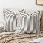 YEENAASY Throw Pillow Covers 18x18 Set of 2 Striped Fringe Pillow Cover Farmhouse Cushion Covers with Tassel Neutral Boho Pillows Decorative Square Pillowcase for Couch Sofa Bed, Khaki
