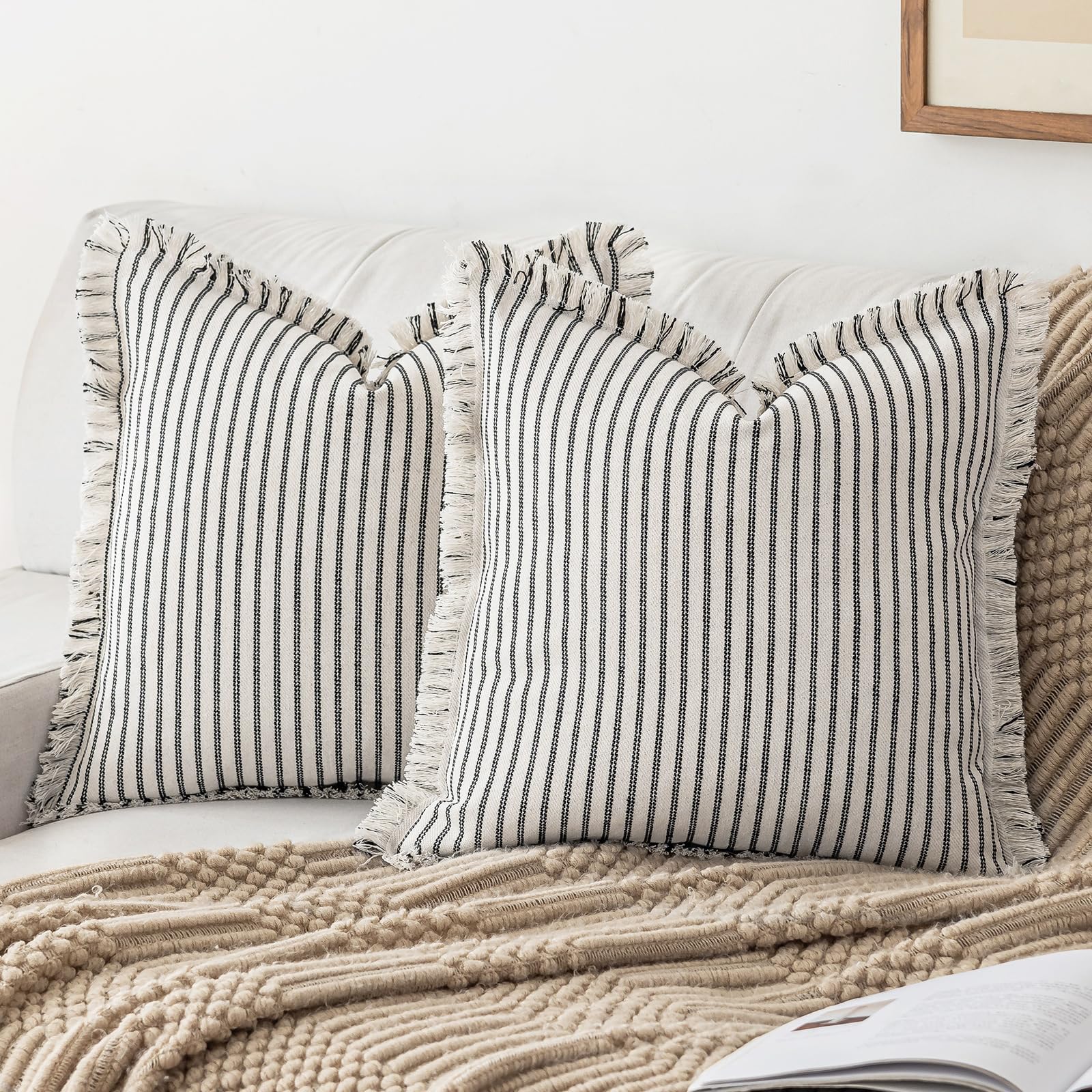 YEENAASY Throw Pillow Covers 18x18 Set of 2 Striped Fringe Pillow Cover Farmhouse Cushion Covers with Tassel Neutral Boho Pillows Decorative Square Pillowcase for Couch Sofa Bed, Khaki