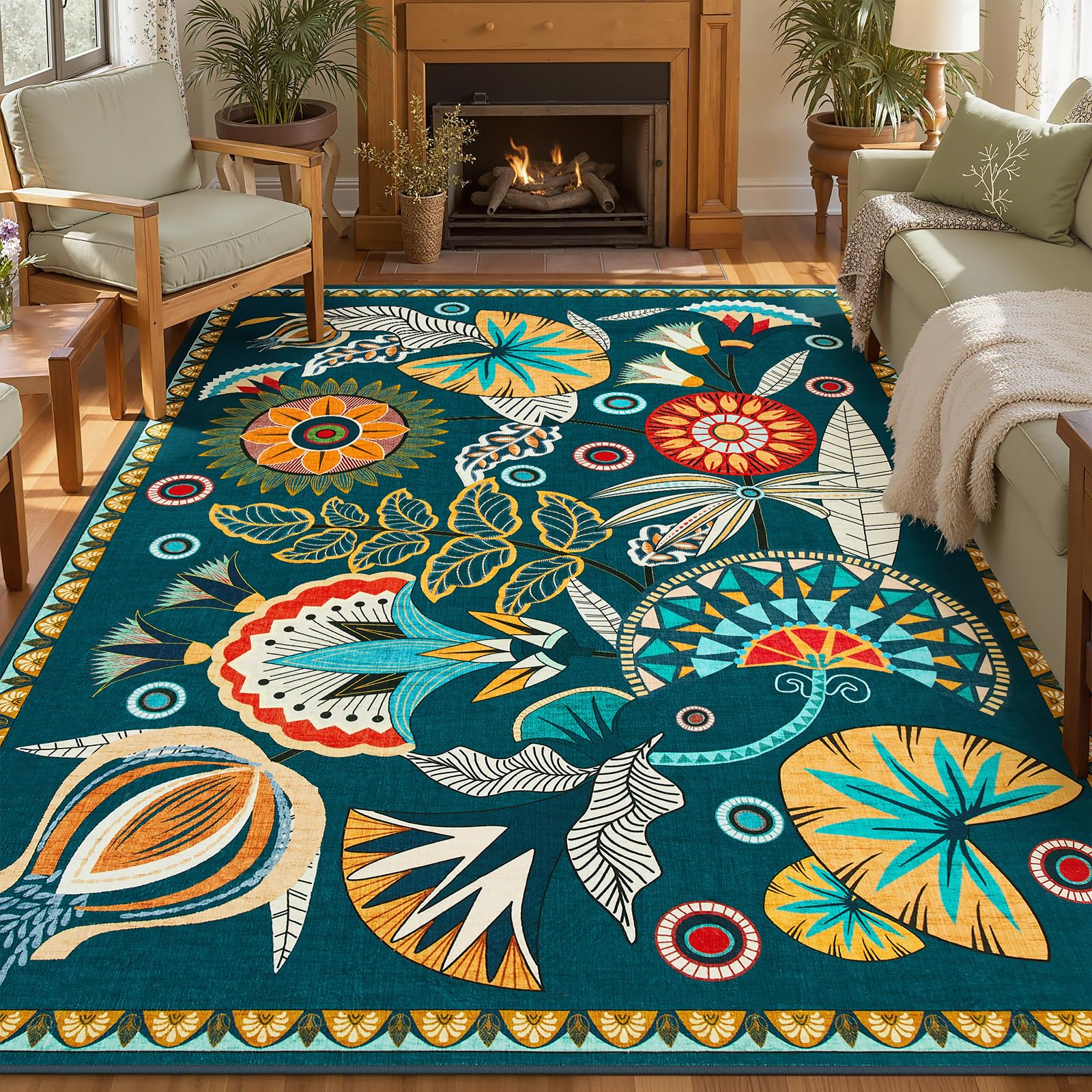 Joydeco Egypt Floral Boho 8x10 Area Rugs for Bedroom Aesthetic, Washable Vintage Living Dining Room Rug Non Slip, Beige Large Indoor Throw Carpet for Playroom Nursery Dorm Classroom