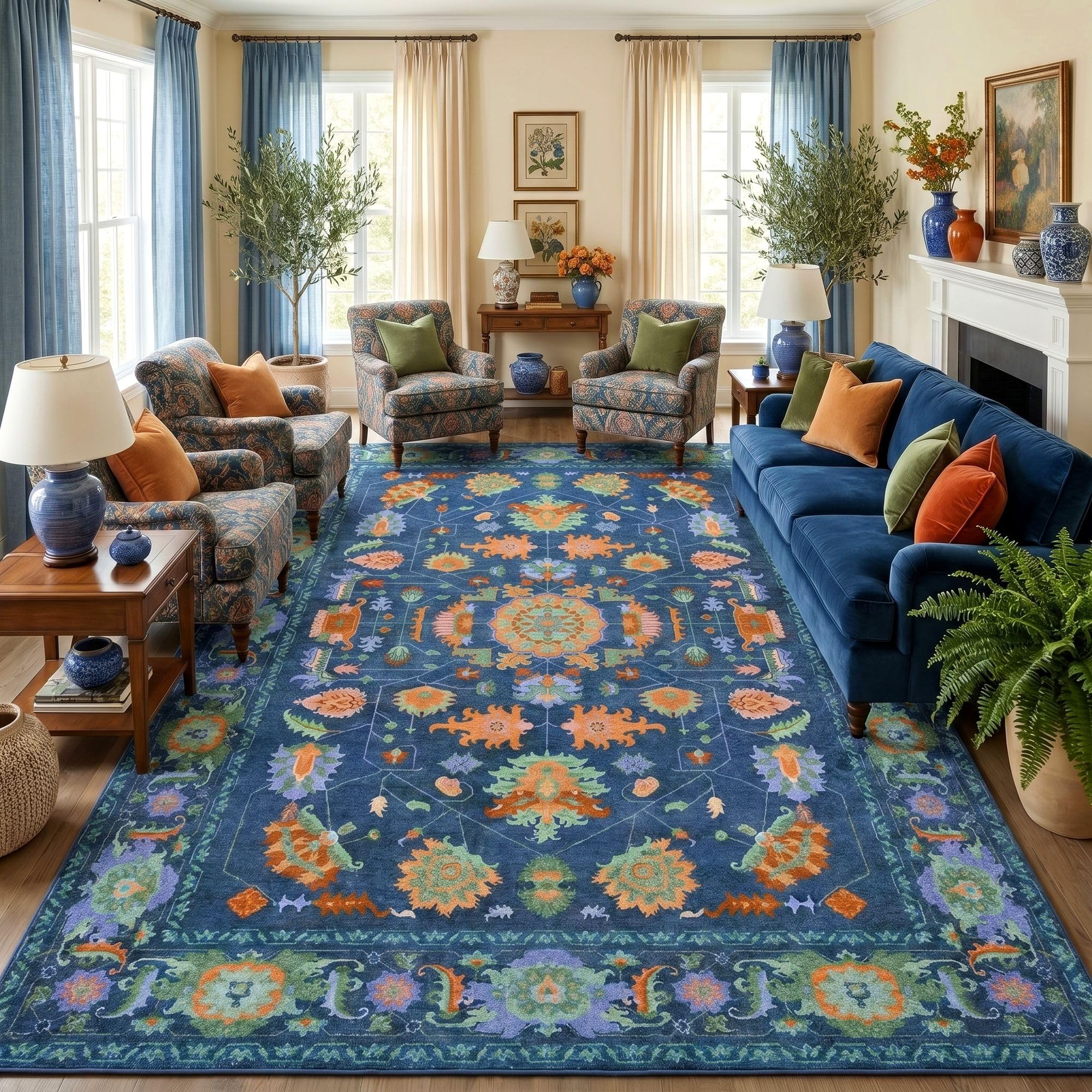 8x10 Area Rugs Living Room Washable Non Slip Low Pile Oushak Vintage Stain Resistant Soft Large Oriental Rugs for Bedroom, Dining Room, Kitchen, Indoor Leisure Rooms, Nova Burgundy Fuchsia Orange Soda