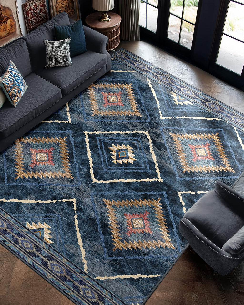 BESTSWEETIE Area Rug 5x7 Rug Machine Washable Non-Slip Low Pile Print Pattern Western Rug for Living Room Bedroom Entryway Tribal Series -Black