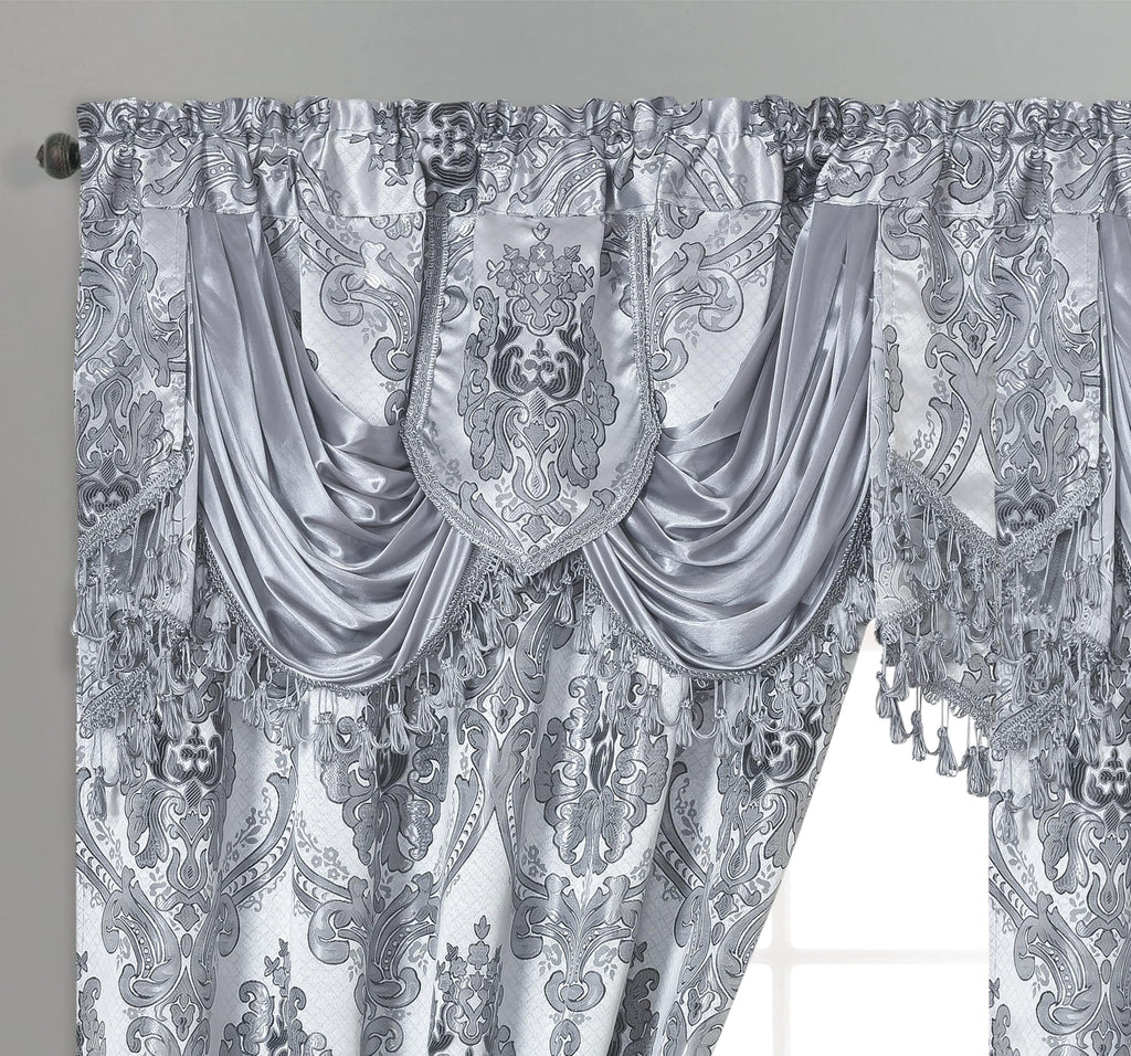 GOHD Luxe Love. Jacquard Window Curtain Panel Drape with Attached Fancy Valance. 2pcs Set (Sand, 84" Drop x 54" Wide with 18" Valance x 2pcs)