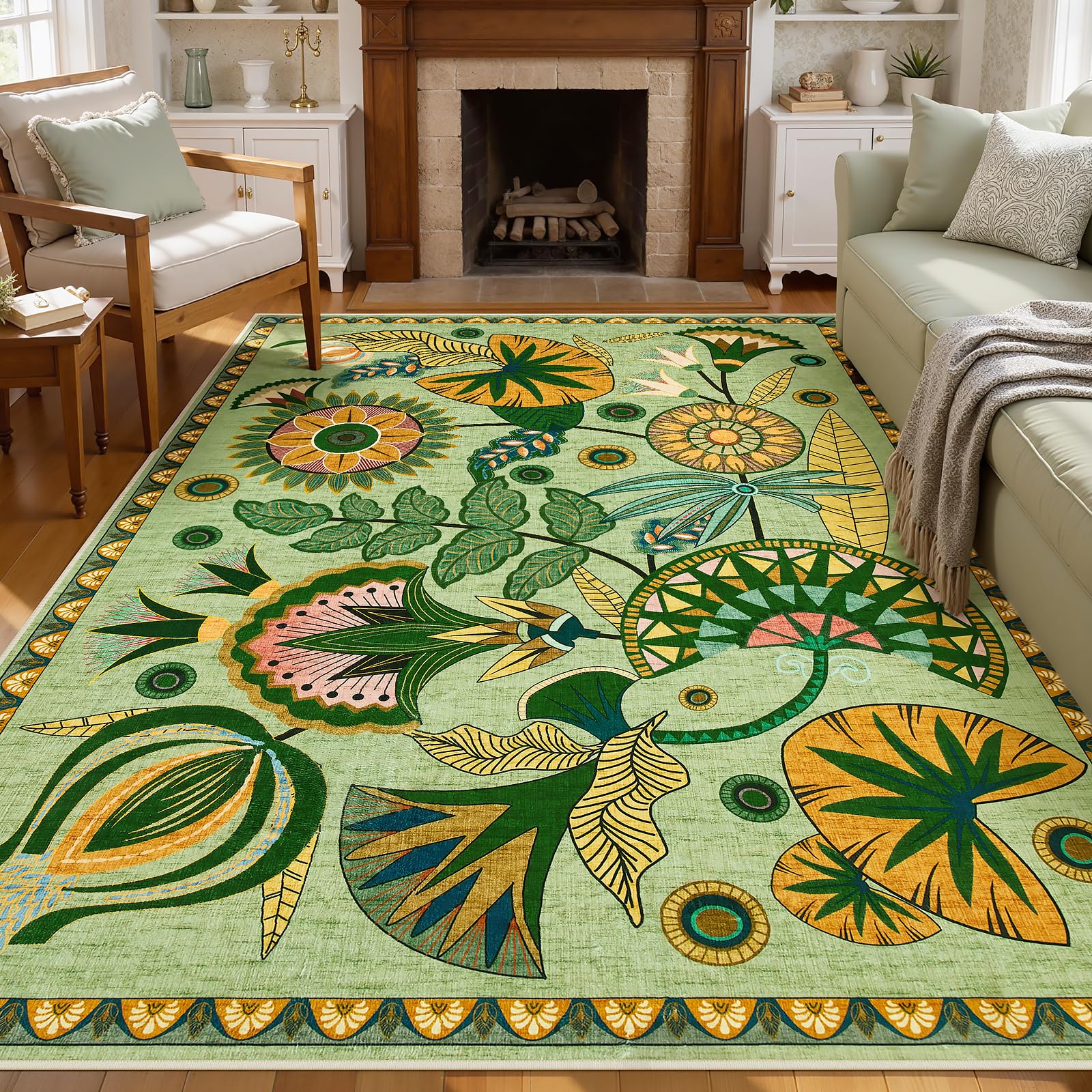 Joydeco Egypt Floral Boho 8x10 Area Rugs for Bedroom Aesthetic, Washable Vintage Living Dining Room Rug Non Slip, Beige Large Indoor Throw Carpet for Playroom Nursery Dorm Classroom