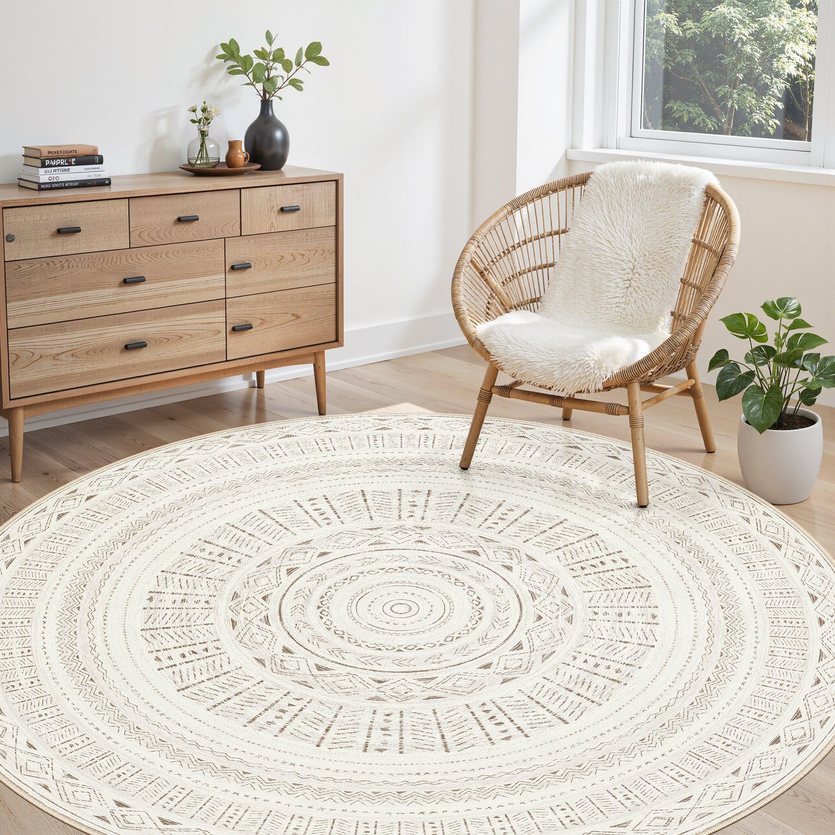 cotiled 5x7 Area Rug Living Room: Washable Boho Rugs with Non Slip Backing Large Soft Indoor Stain Resistant Carpet for Bedroom Farmhouse Dining Room Lightweight Home Decor L Brown/Cream