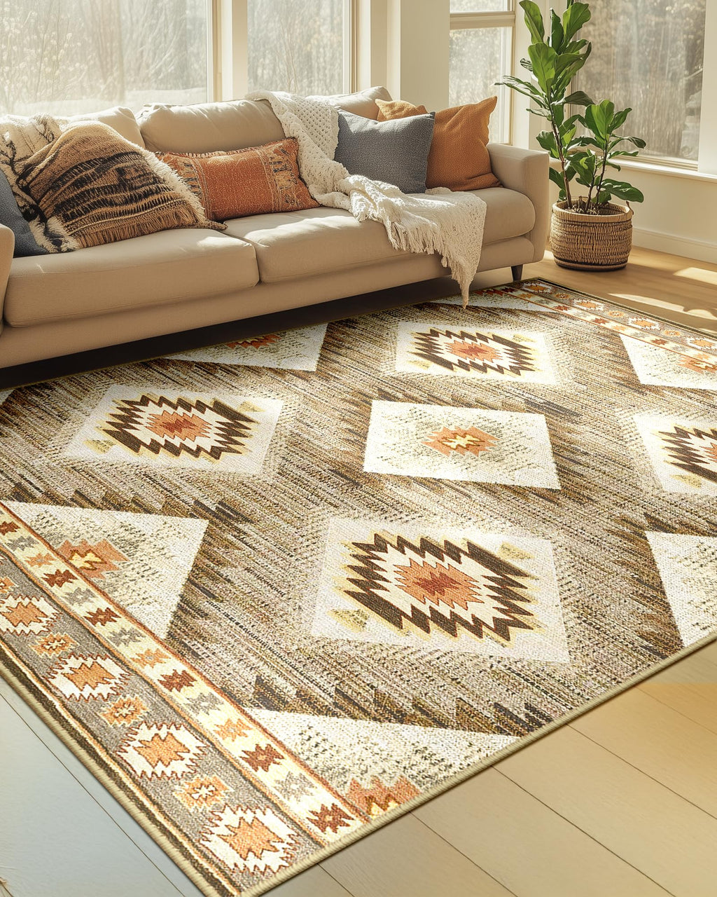 BESTSWEETIE Area Rug 5x7 Rug Machine Washable Non-Slip Low Pile Print Pattern Western Rug for Living Room Bedroom Entryway Tribal Series -Black