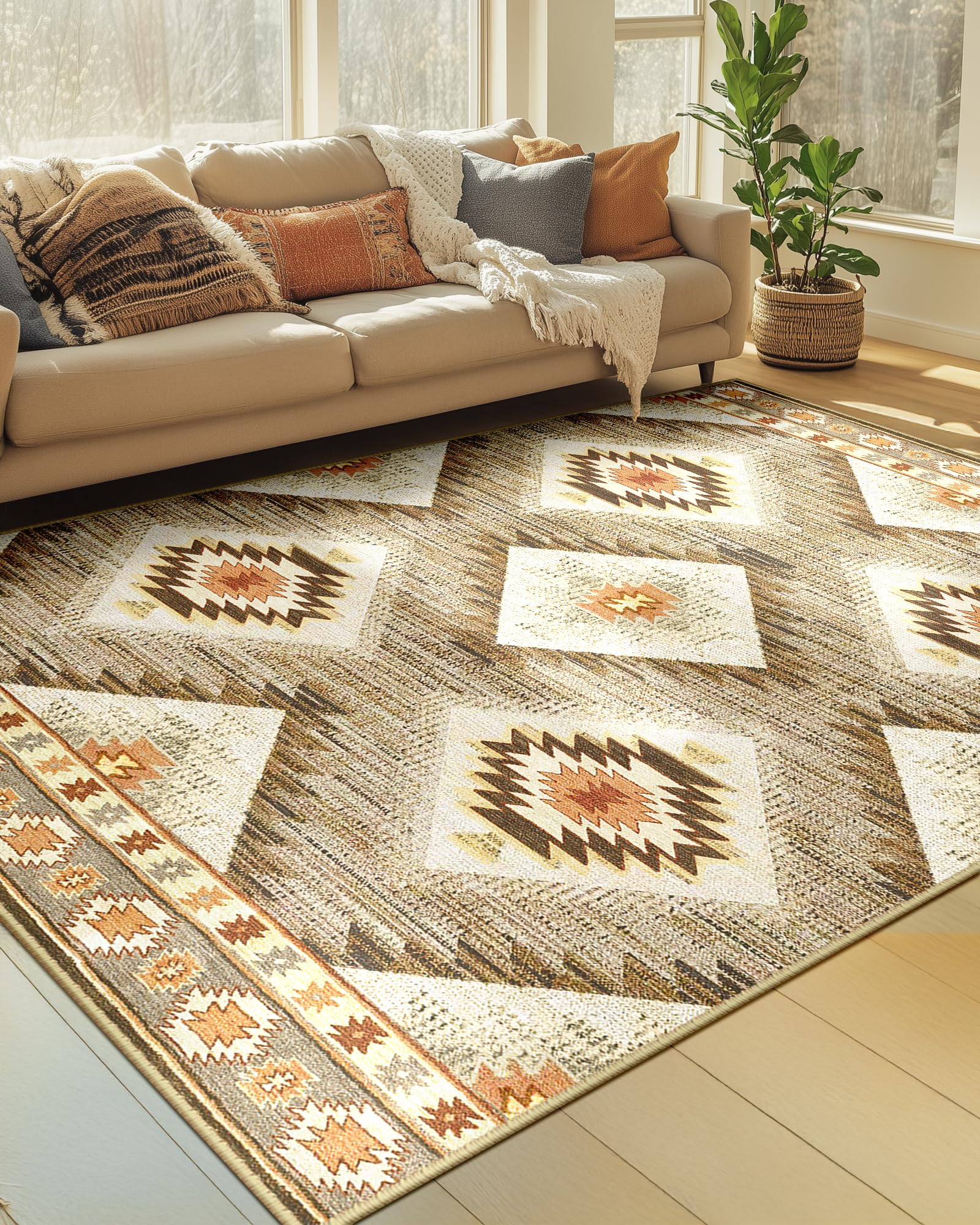 BESTSWEETIE Area Rug 5x7 Rug Machine Washable Non-Slip Low Pile Print Pattern Western Rug for Living Room Bedroom Entryway Tribal Series -Black