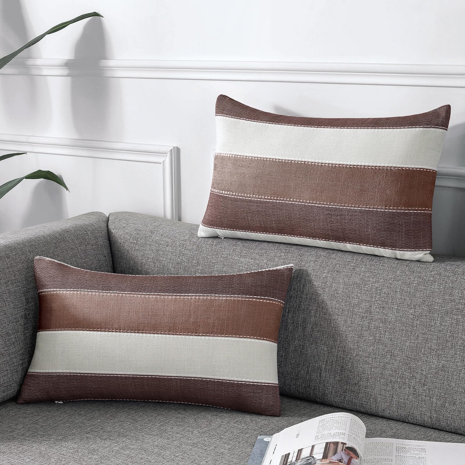 AmHoo Pack of 2 Farmhouse Stripe Check Throw Pillow Covers Set Case Cotton Linen Decorative Pillowcases Cushion Cover for Couch Bench Sofa 18x18 Inch Sage Green