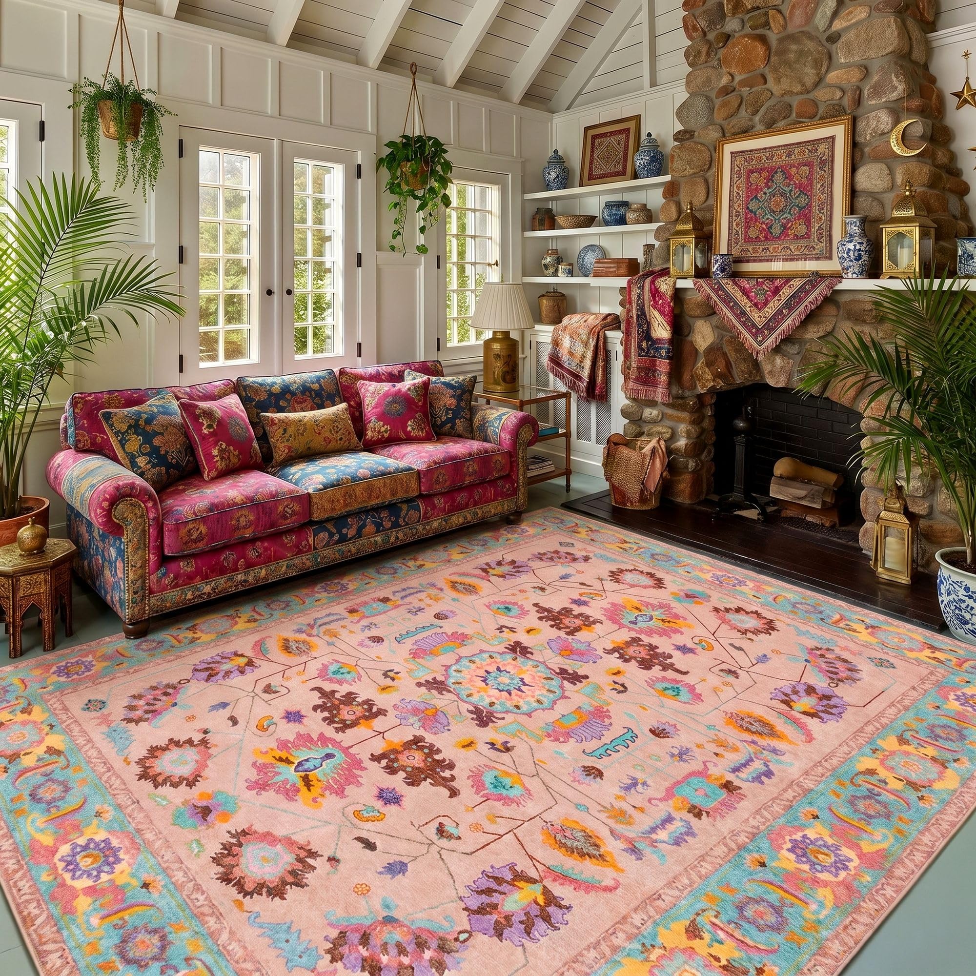 8x10 Area Rugs Living Room Washable Non Slip Low Pile Oushak Vintage Stain Resistant Soft Large Oriental Rugs for Bedroom, Dining Room, Kitchen, Indoor Leisure Rooms, Nova Burgundy Fuchsia Orange Soda