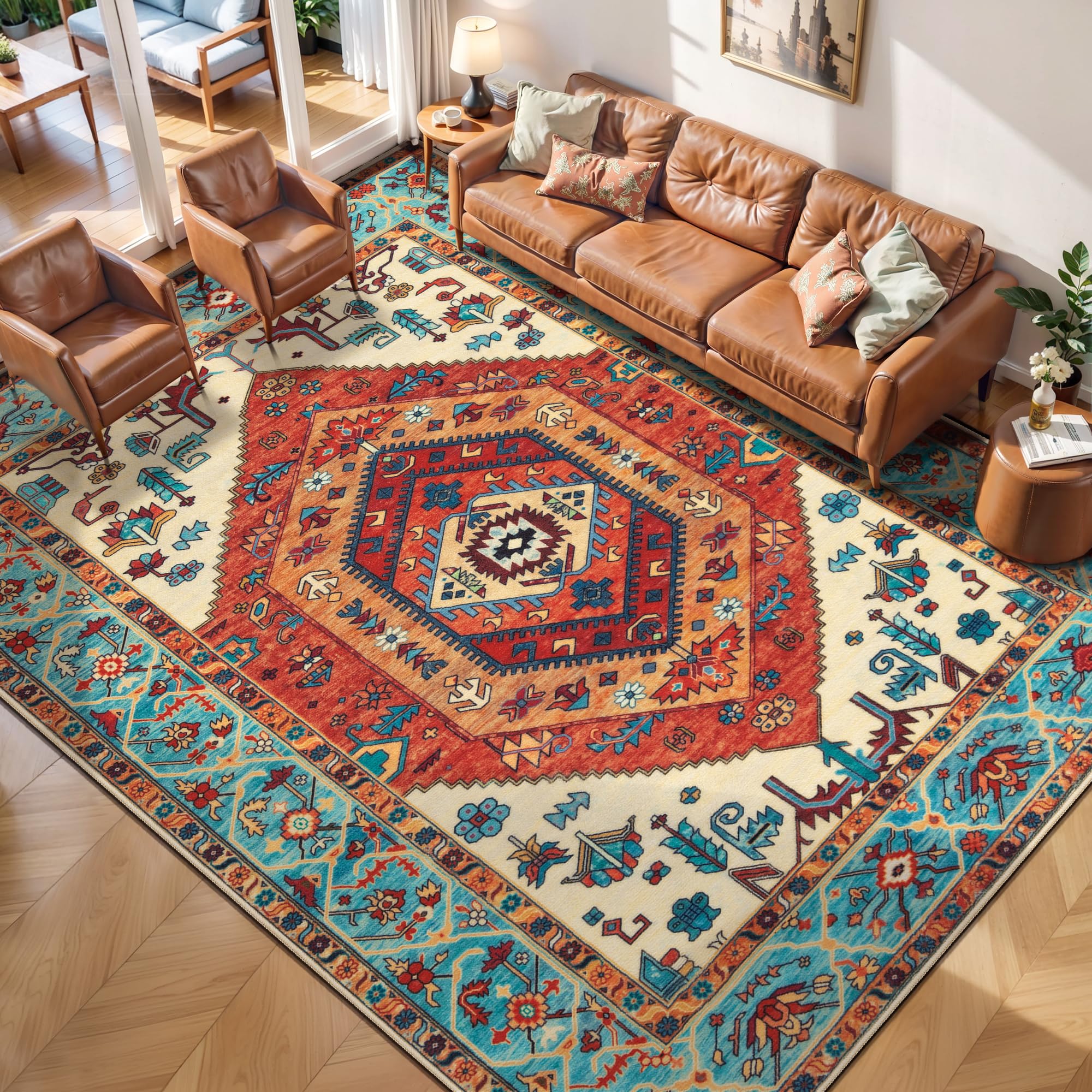 SERISSA Washable Rugs 8x10 Area Rugs, Large Non-Slip Boho Living Room Rust Rug, Ultra Soft Vintage Print Distressed Oriental Tribal Farmhouse Carpet for Dining Room Bedroom Dorm Office Home Decor