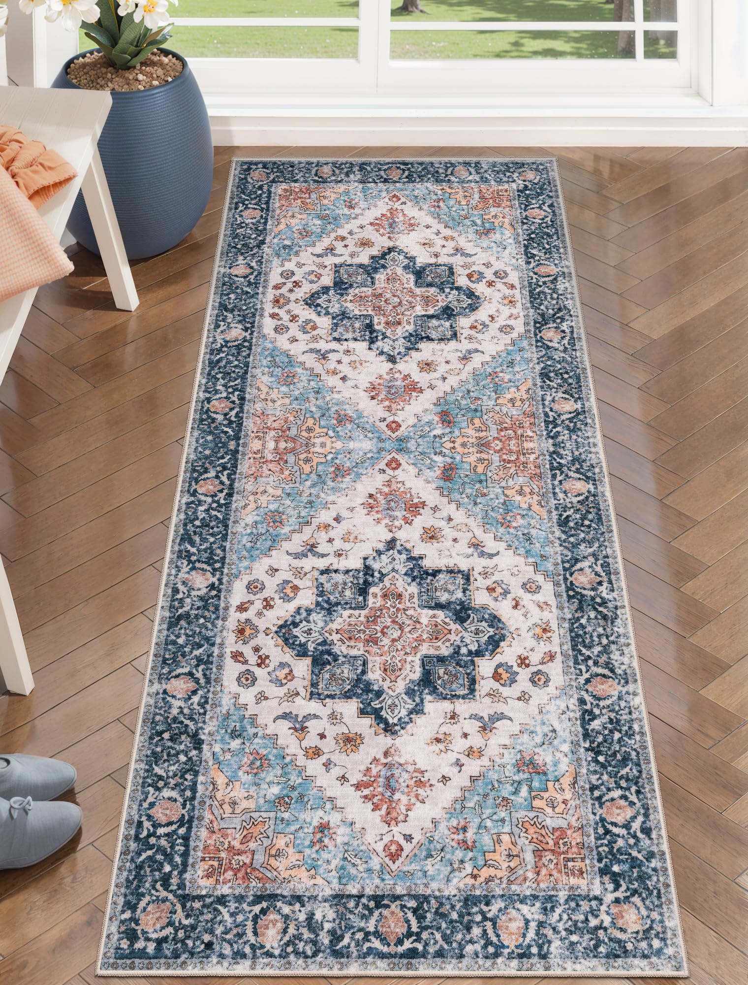 SERISSA Washable Rugs 8x10 Area Rugs, Large Non-Slip Boho Living Room Rust Rug, Ultra Soft Vintage Print Distressed Oriental Tribal Farmhouse Carpet for Dining Room Bedroom Dorm Office Home Decor