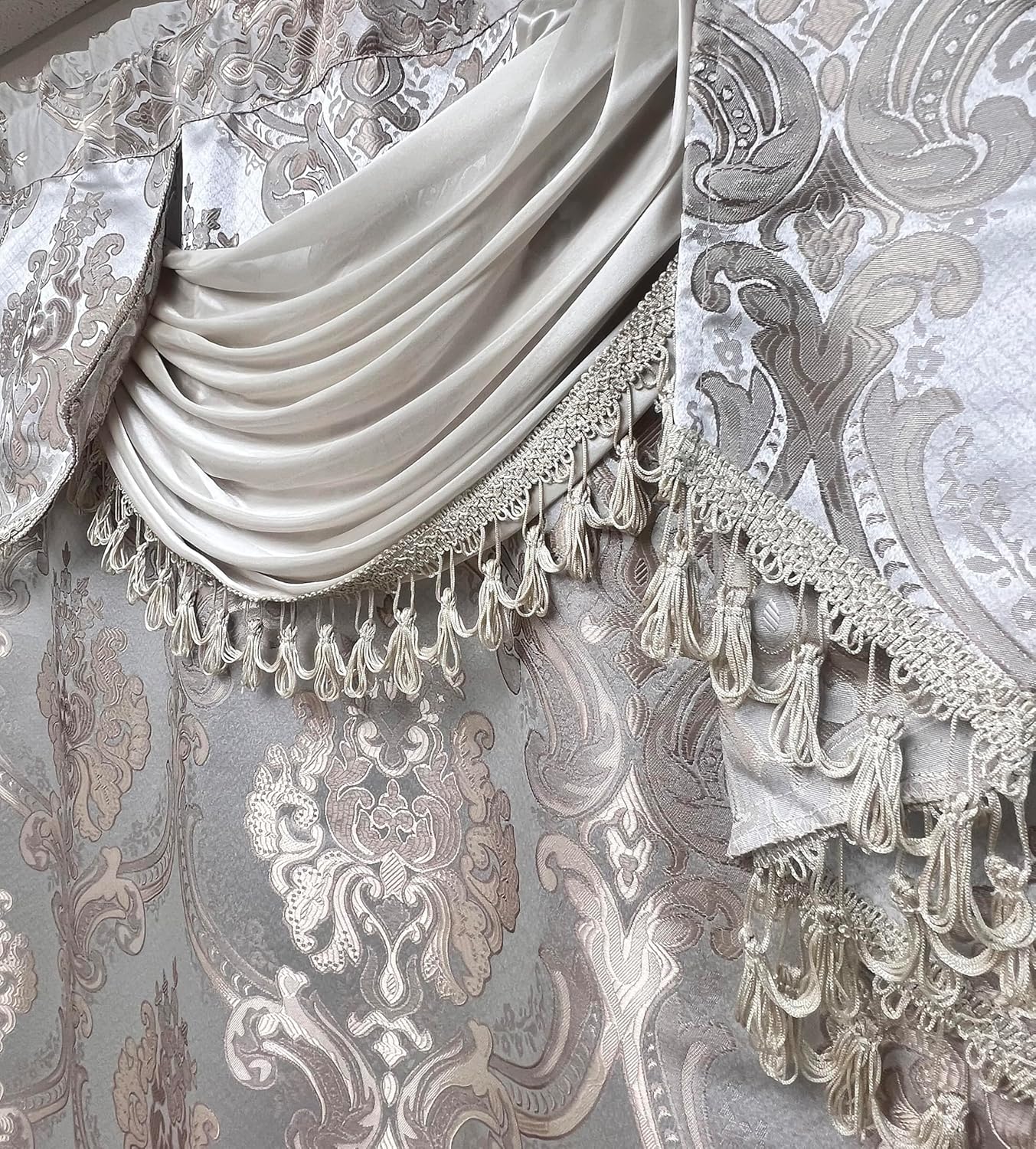 GOHD Luxe Love. Jacquard Window Curtain Panel Drape with Attached Fancy Valance. 2pcs Set (Sand, 84" Drop x 54" Wide with 18" Valance x 2pcs)