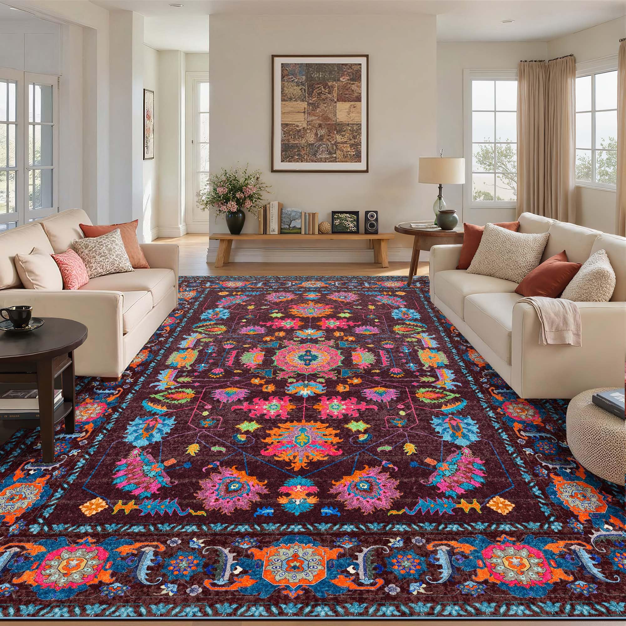 8x10 Area Rugs Living Room Washable Non Slip Low Pile Oushak Vintage Stain Resistant Soft Large Oriental Rugs for Bedroom, Dining Room, Kitchen, Indoor Leisure Rooms, Nova Burgundy Fuchsia Orange Soda