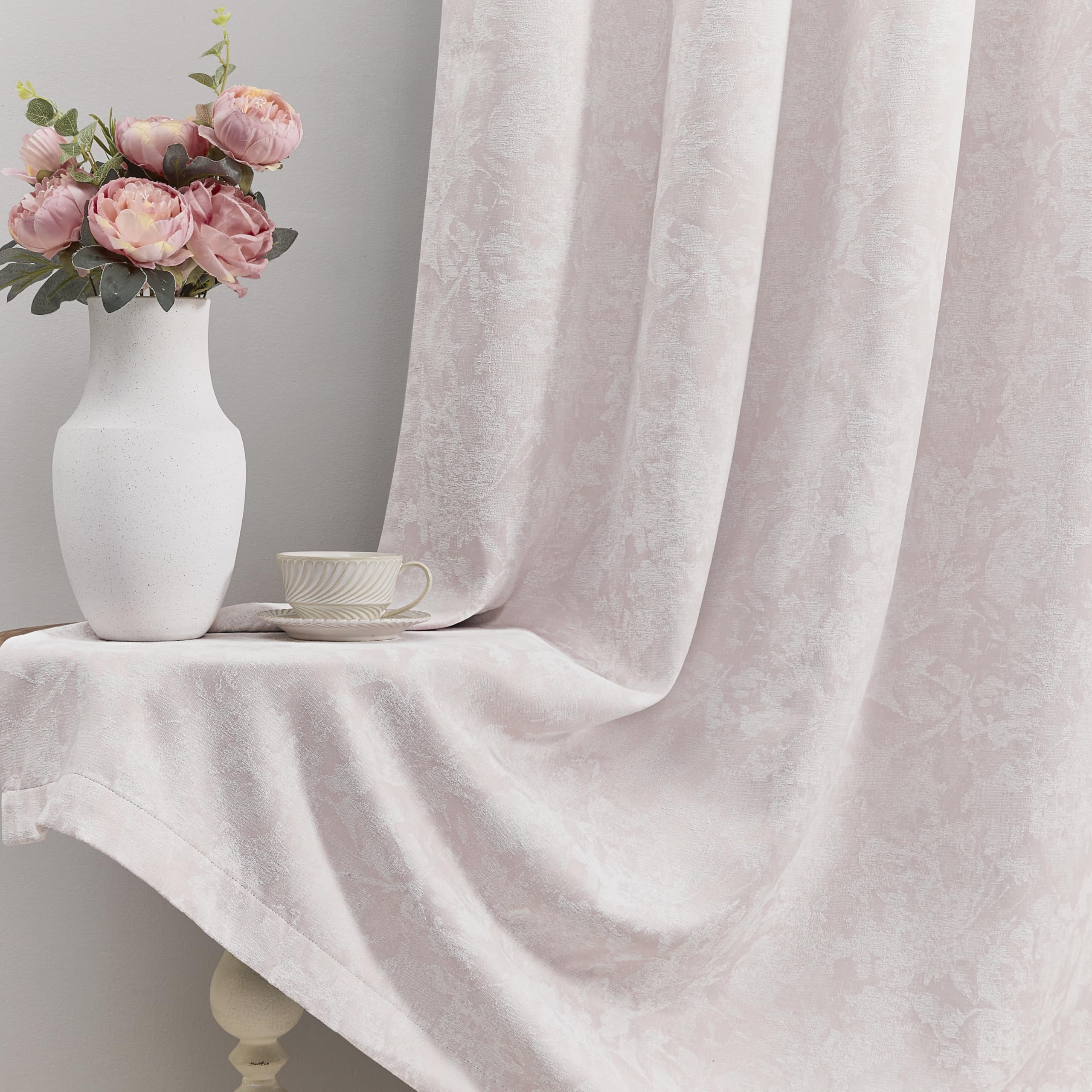 Beauoop Beige Floral Jacquard Blackout Curtains 96 Inches Long 2 Panels for Bedroom Living Room Chenille Flower Room Darkening Thermal Insulated Soundproof Rod Pocket Back Tab Window Drapes, 52x96