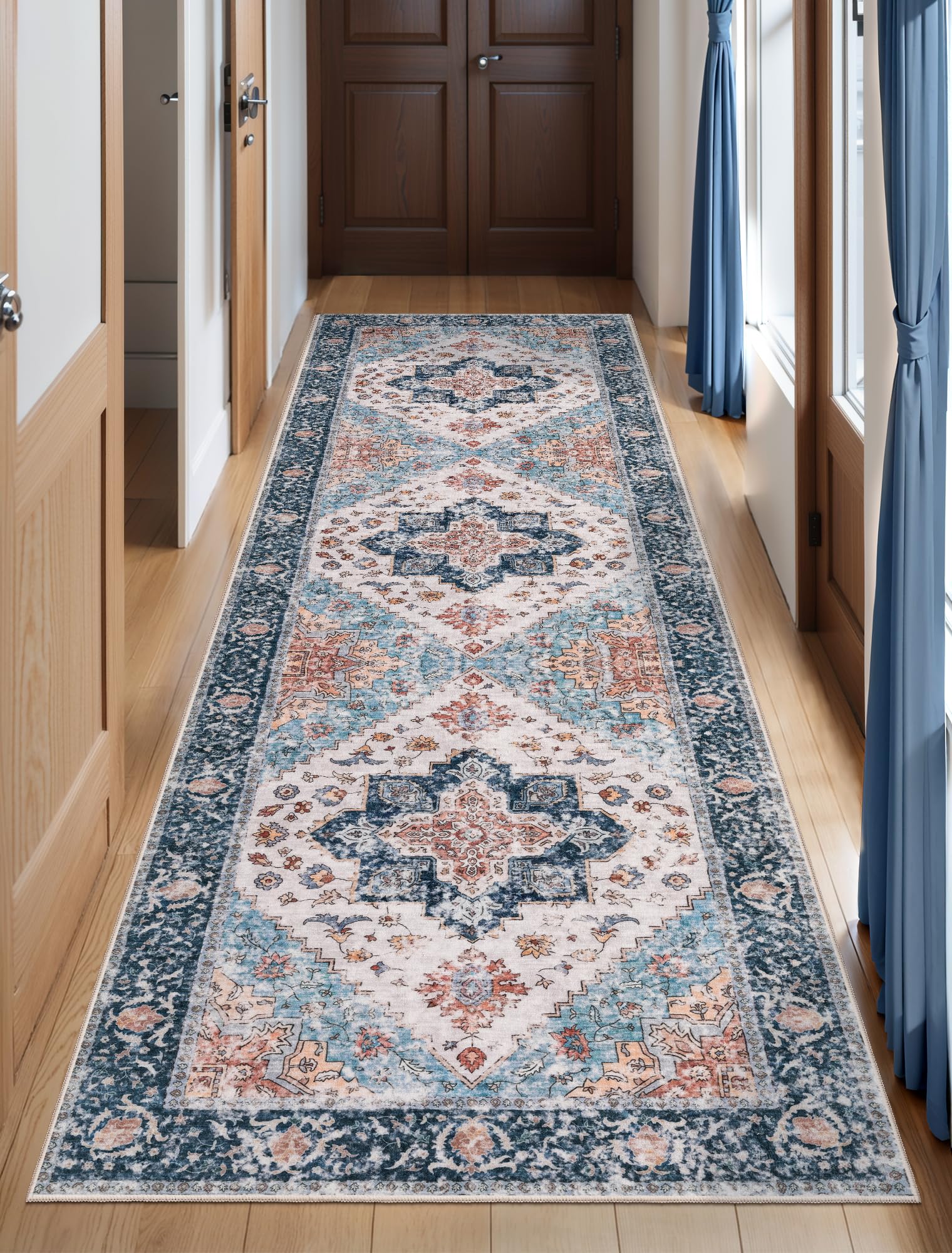 SERISSA Washable Rugs 8x10 Area Rugs, Large Non-Slip Boho Living Room Rust Rug, Ultra Soft Vintage Print Distressed Oriental Tribal Farmhouse Carpet for Dining Room Bedroom Dorm Office Home Decor