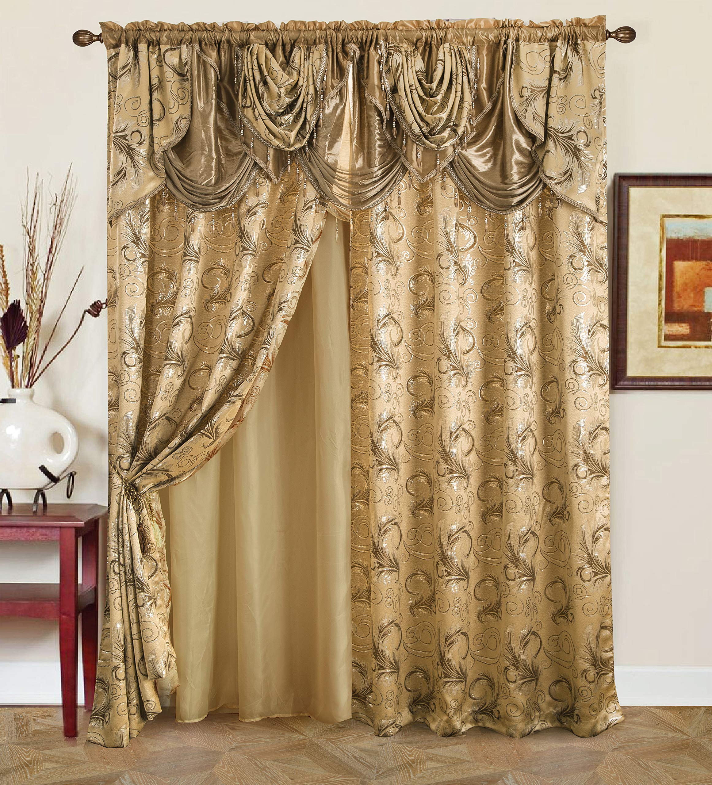 GLORY RUGS Jacquard Luxury Window 2 Panel Set Beige Curtain with Attached Valance and Backing Bedroom Living Room Dining 2 Curtains 55x84 inches Each Jana
