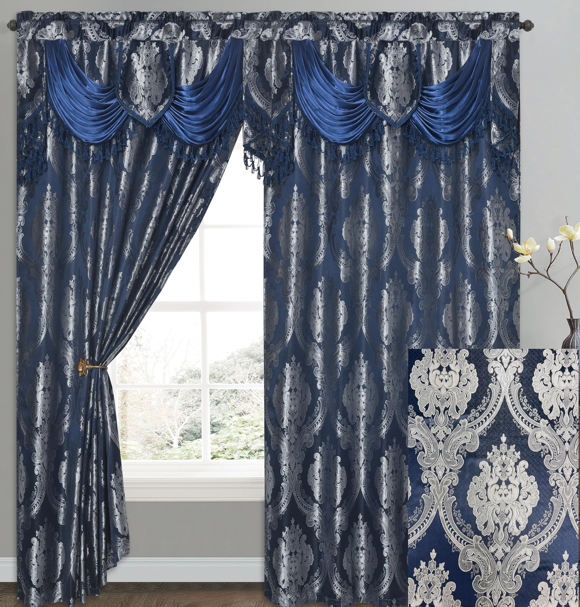GOHD Luxe Love. Jacquard Window Curtain Panel Drape with Attached Fancy Valance. 2pcs Set (Sand, 84" Drop x 54" Wide with 18" Valance x 2pcs)