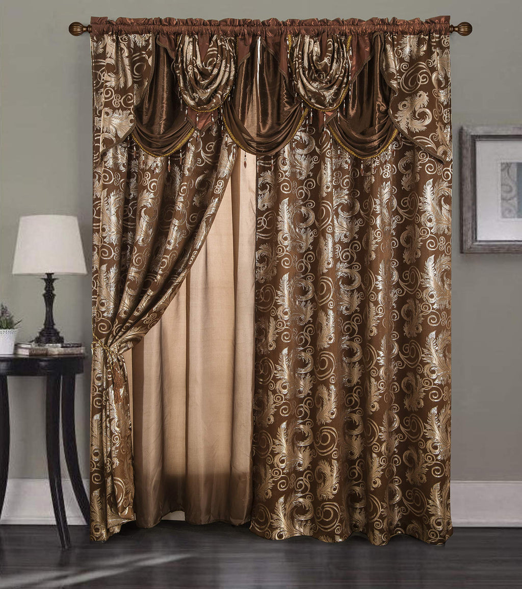 GLORY RUGS Jacquard Luxury Window 2 Panel Set Beige Curtain with Attached Valance and Backing Bedroom Living Room Dining 2 Curtains 55x84 inches Each Jana