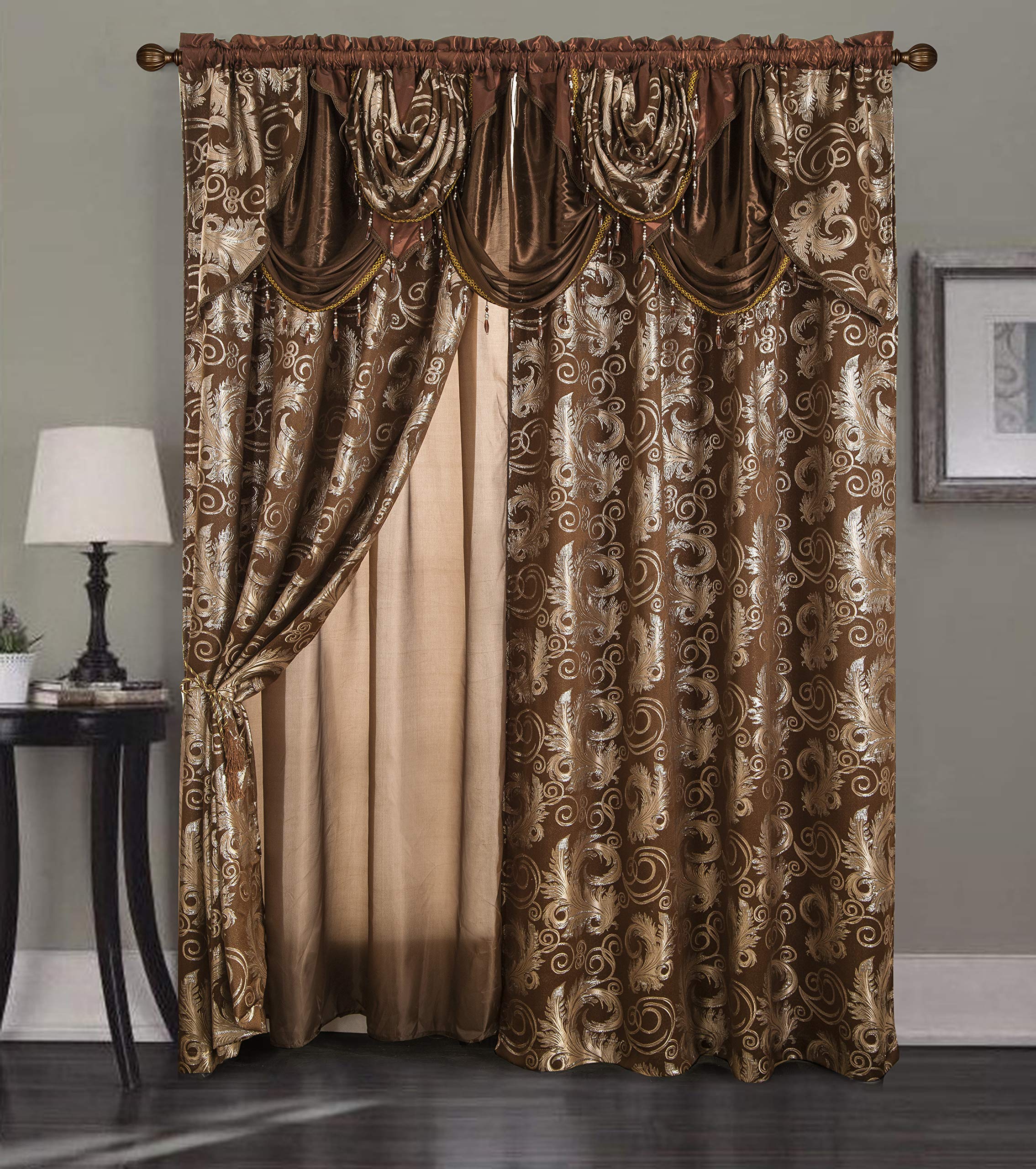 GLORY RUGS Jacquard Luxury Window 2 Panel Set Beige Curtain with Attached Valance and Backing Bedroom Living Room Dining 2 Curtains 55x84 inches Each Jana