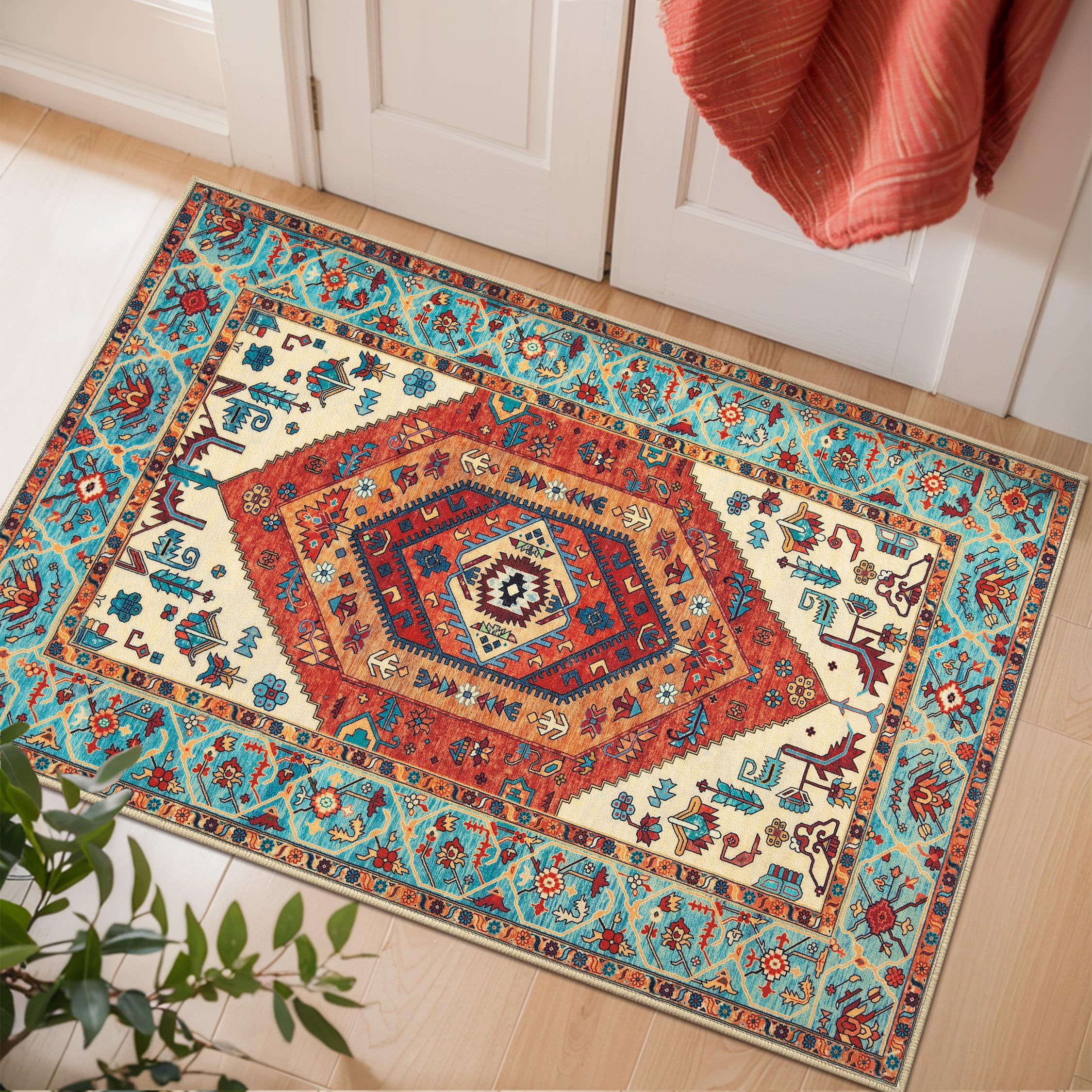 SERISSA Washable Rugs 8x10 Area Rugs, Large Non-Slip Boho Living Room Rust Rug, Ultra Soft Vintage Print Distressed Oriental Tribal Farmhouse Carpet for Dining Room Bedroom Dorm Office Home Decor