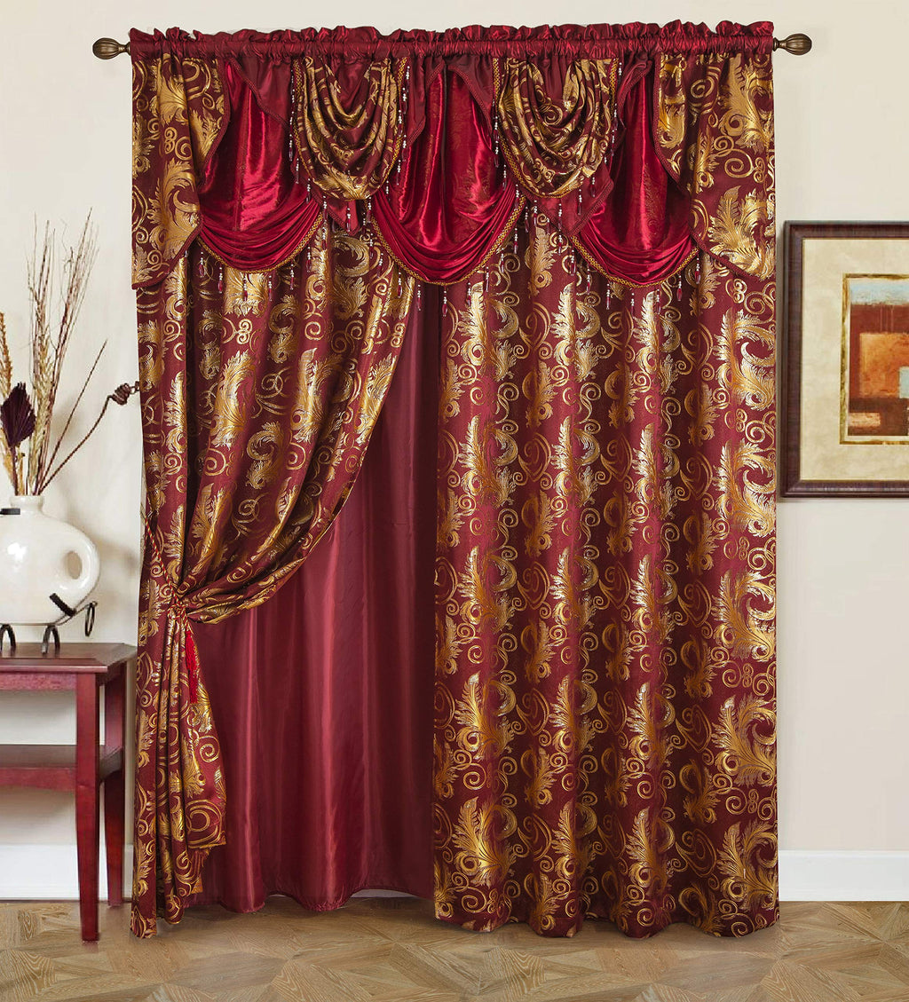 GLORY RUGS Jacquard Luxury Window 2 Panel Set Beige Curtain with Attached Valance and Backing Bedroom Living Room Dining 2 Curtains 55x84 inches Each Jana