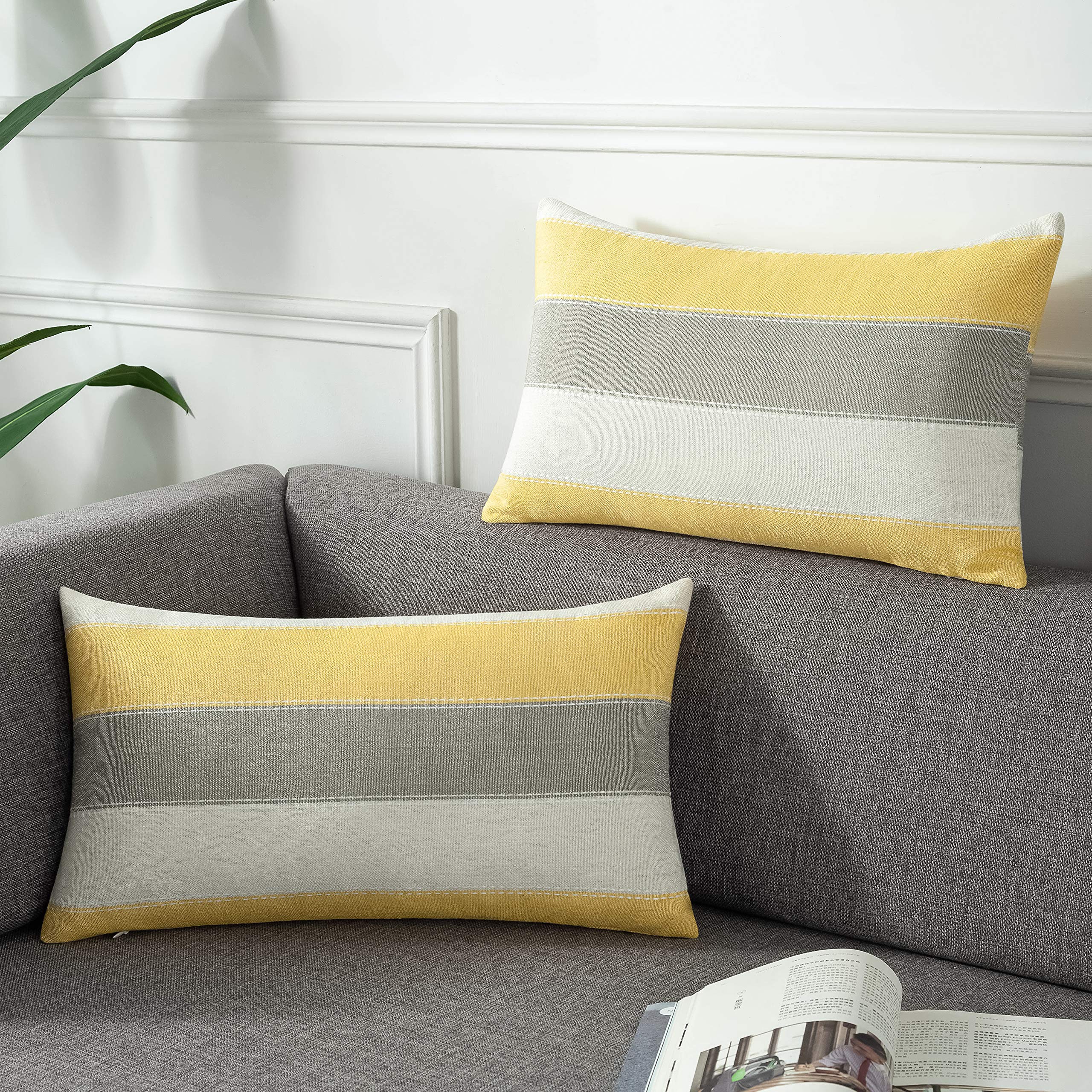 AmHoo Pack of 2 Farmhouse Stripe Check Throw Pillow Covers Set Case Cotton Linen Decorative Pillowcases Cushion Cover for Couch Bench Sofa 18x18 Inch Sage Green
