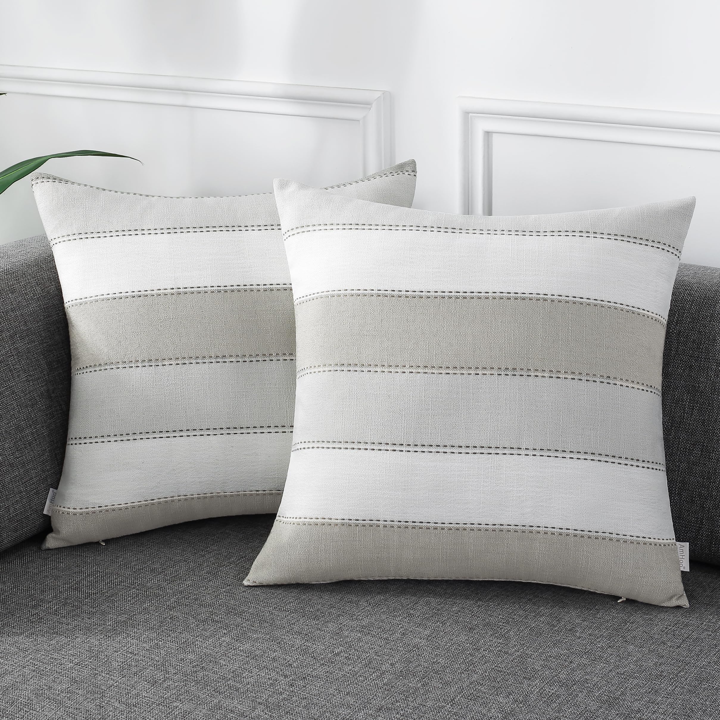 AmHoo Pack of 2 Farmhouse Stripe Check Throw Pillow Covers Set Case Cotton Linen Decorative Pillowcases Cushion Cover for Couch Bench Sofa 18x18 Inch Sage Green