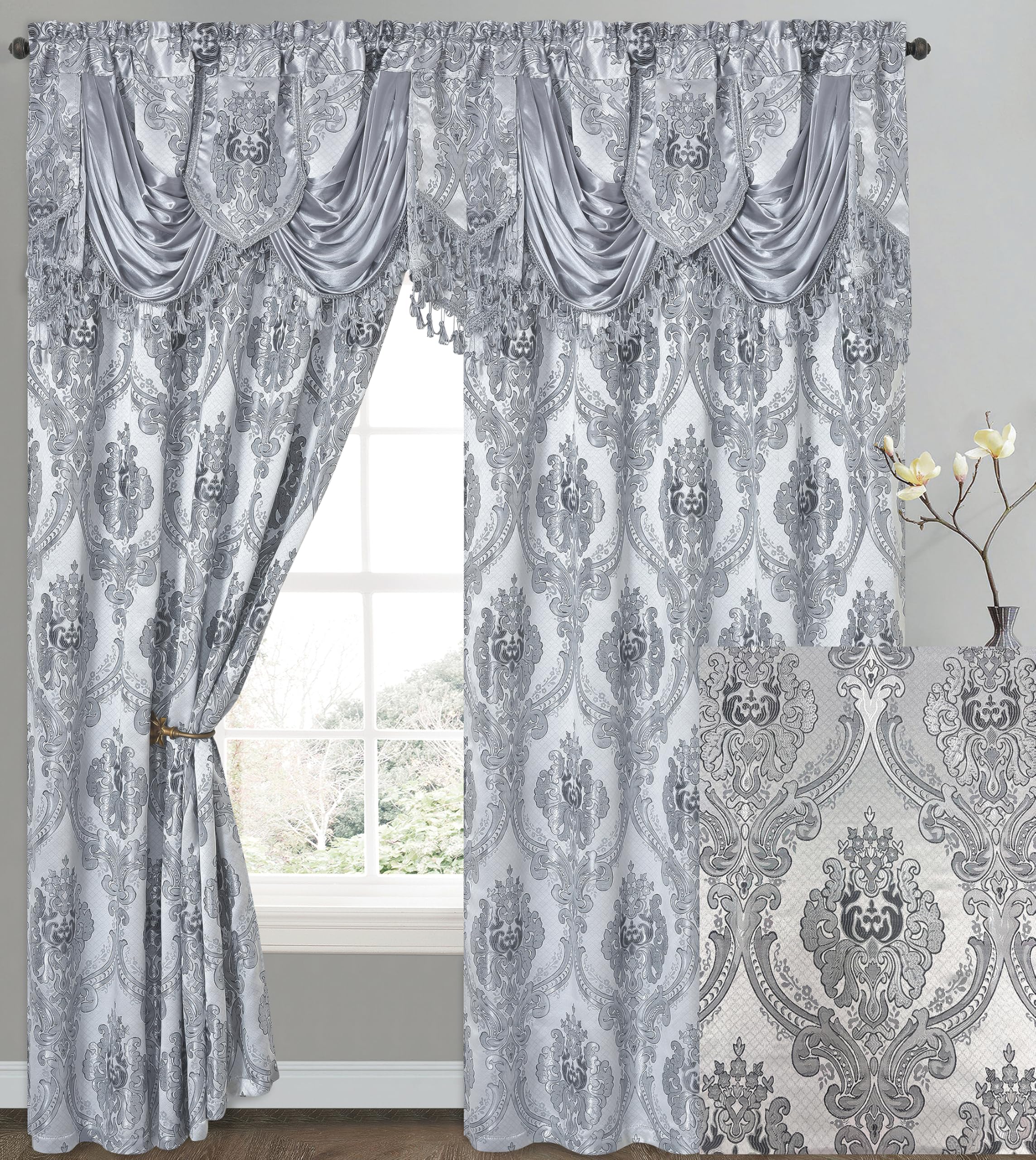GOHD Luxe Love. Jacquard Window Curtain Panel Drape with Attached Fancy Valance. 2pcs Set (Sand, 84" Drop x 54" Wide with 18" Valance x 2pcs)