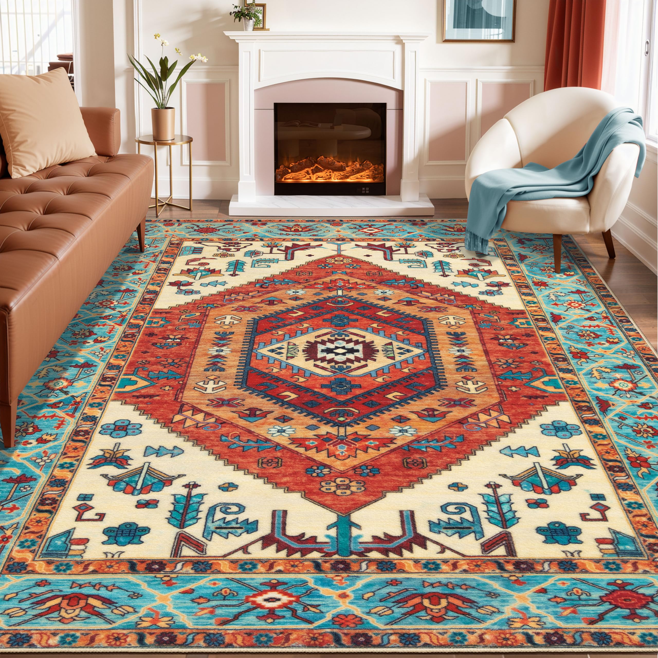 SERISSA Washable Rugs 8x10 Area Rugs, Large Non-Slip Boho Living Room Rust Rug, Ultra Soft Vintage Print Distressed Oriental Tribal Farmhouse Carpet for Dining Room Bedroom Dorm Office Home Decor