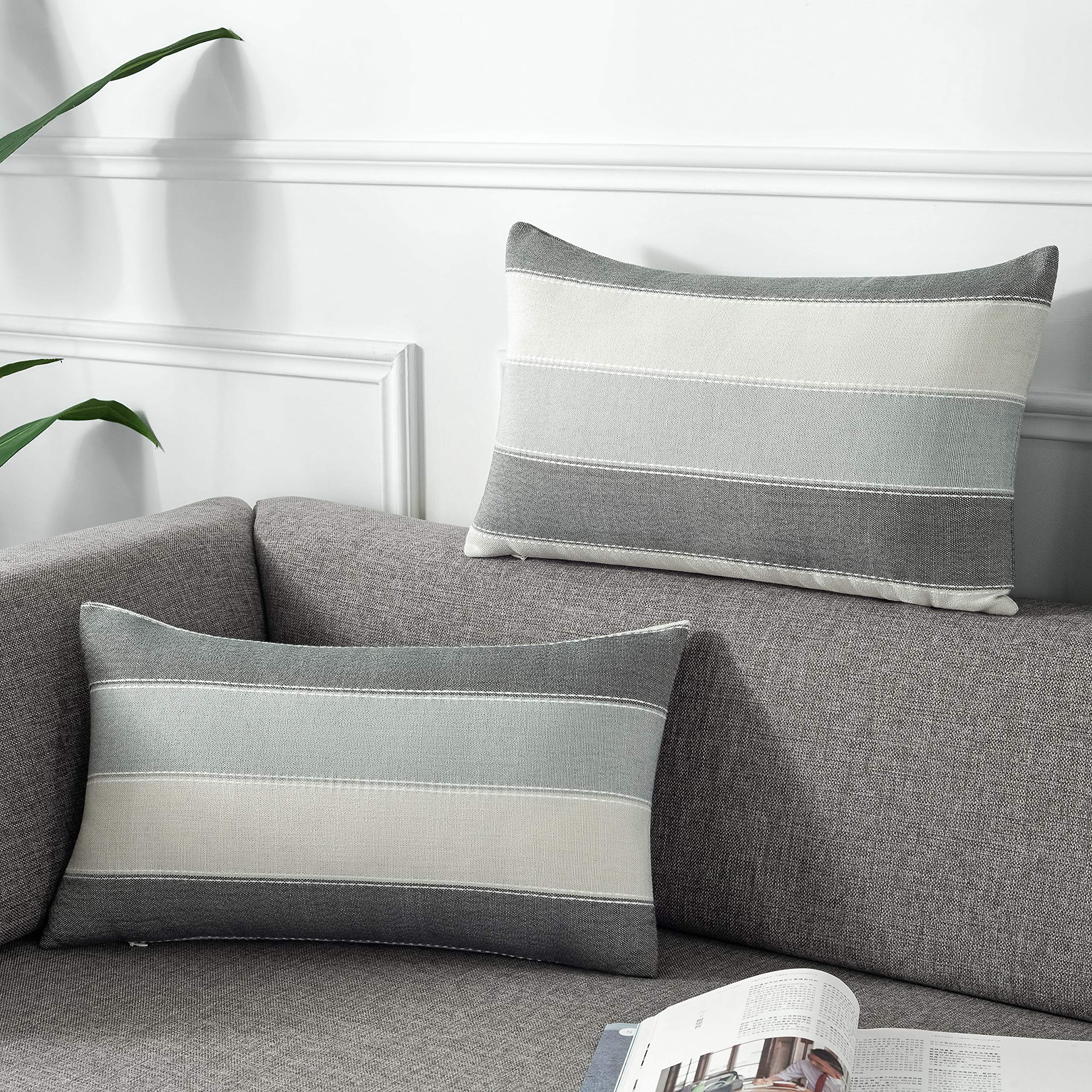 AmHoo Pack of 2 Farmhouse Stripe Check Throw Pillow Covers Set Case Cotton Linen Decorative Pillowcases Cushion Cover for Couch Bench Sofa 18x18 Inch Sage Green