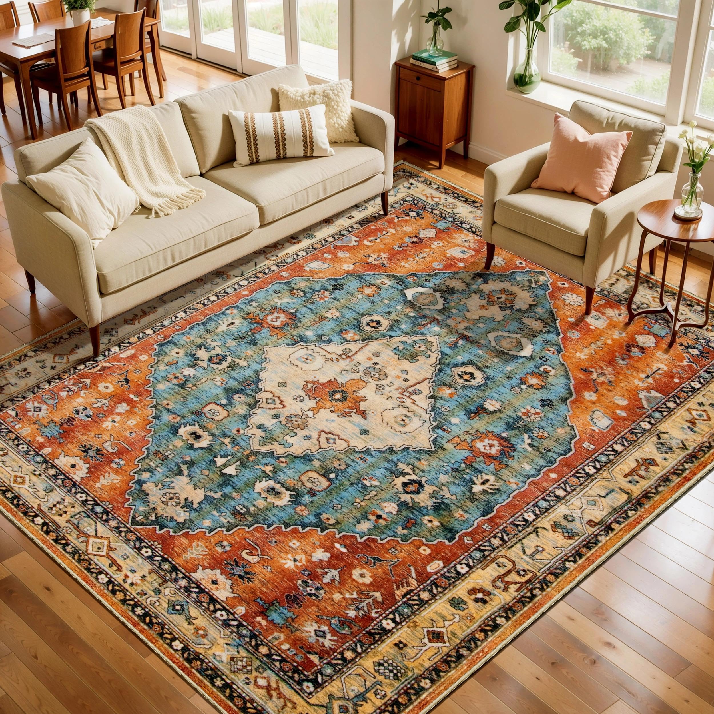 SERISSA Washable Rugs 8x10 Area Rugs, Large Non-Slip Boho Living Room Rust Rug, Ultra Soft Vintage Print Distressed Oriental Tribal Farmhouse Carpet for Dining Room Bedroom Dorm Office Home Decor