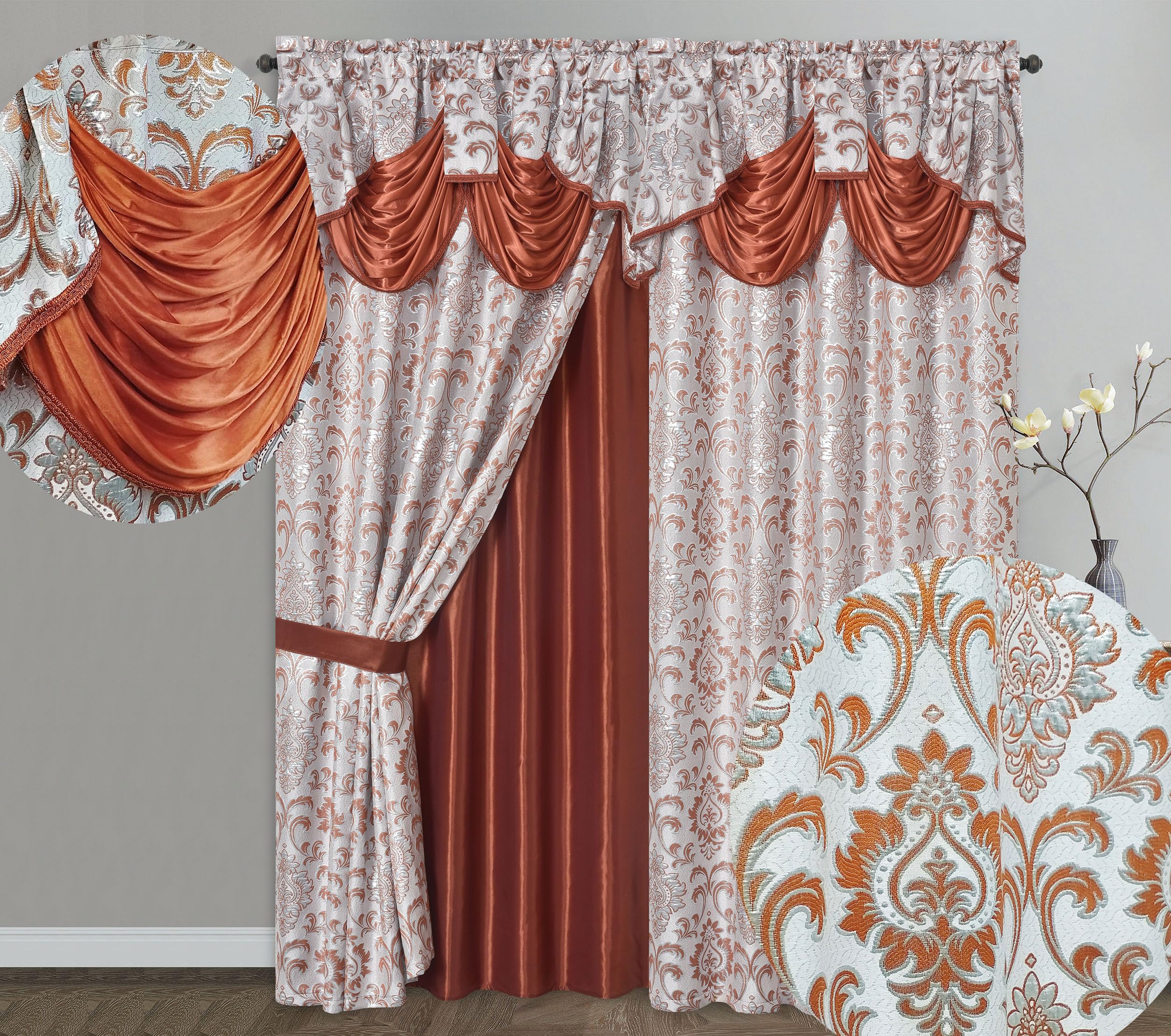 GOHD Samba Star. Jacquard Window Curtain Panel Drape with Attached Fancy Valance and Taffeta Backing. 2pcs Set. Each pc 54" Wide x 90" Drop with 18" Valance. (Hunter Green)