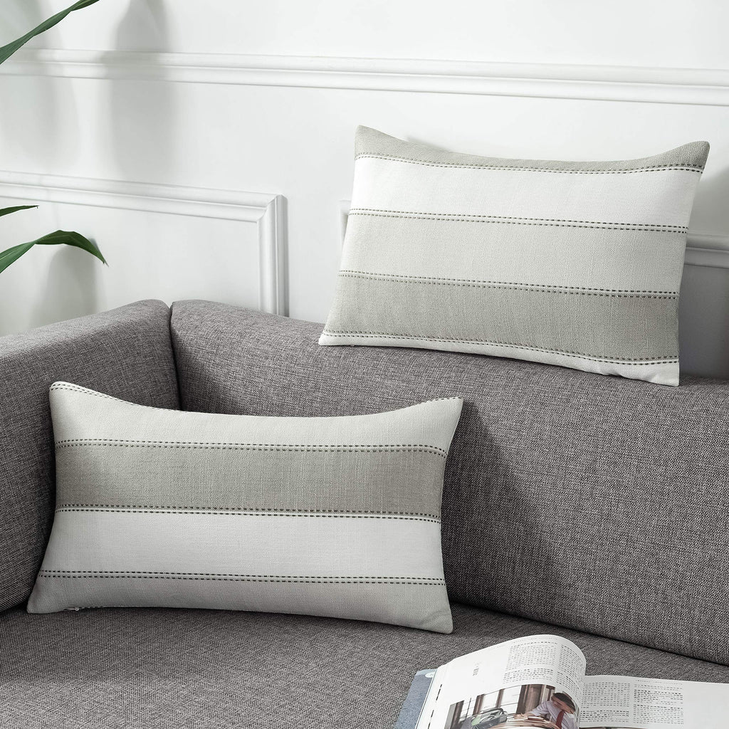 AmHoo Pack of 2 Farmhouse Stripe Check Throw Pillow Covers Set Case Cotton Linen Decorative Pillowcases Cushion Cover for Couch Bench Sofa 18x18 Inch Sage Green