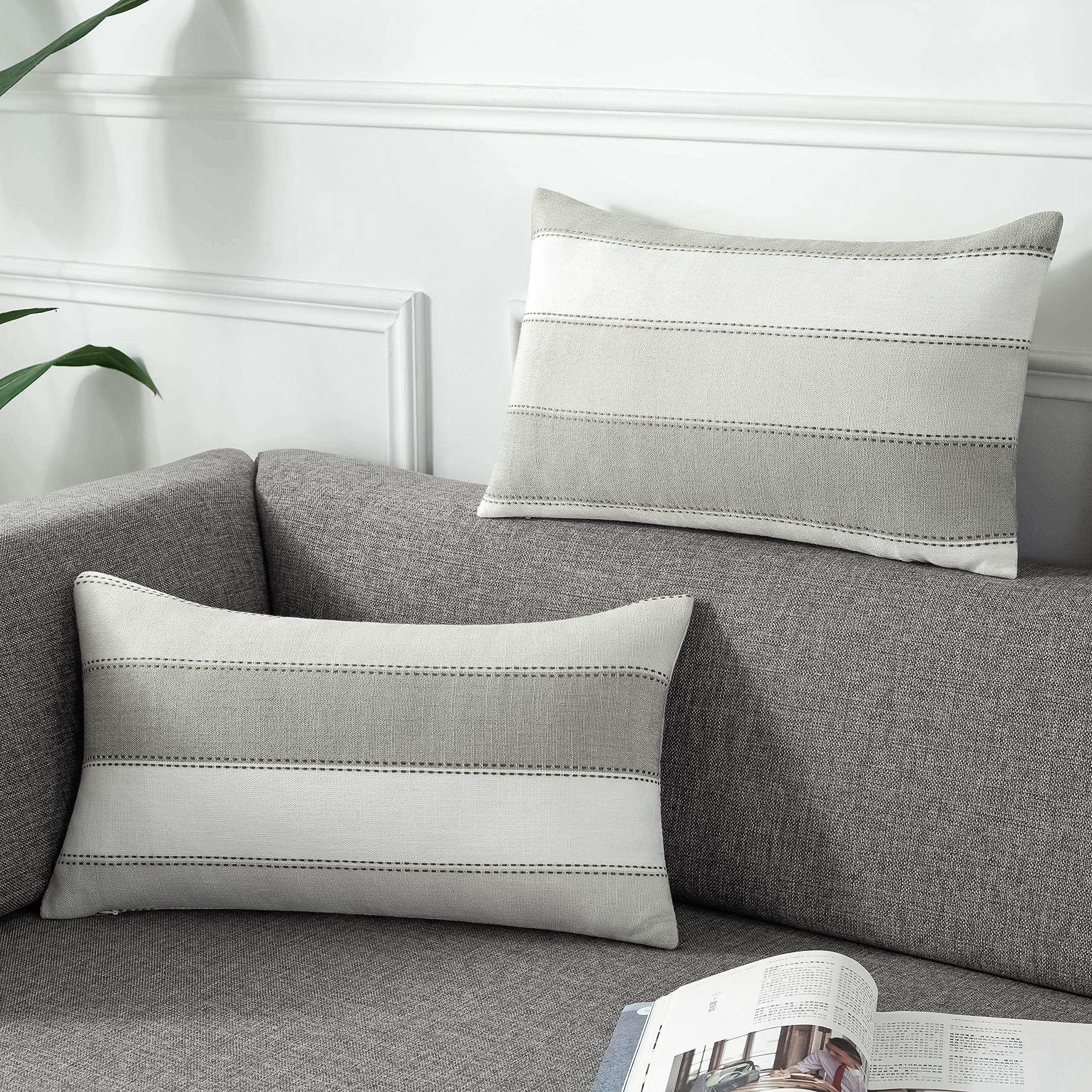 AmHoo Pack of 2 Farmhouse Stripe Check Throw Pillow Covers Set Case Cotton Linen Decorative Pillowcases Cushion Cover for Couch Bench Sofa 18x18 Inch Sage Green