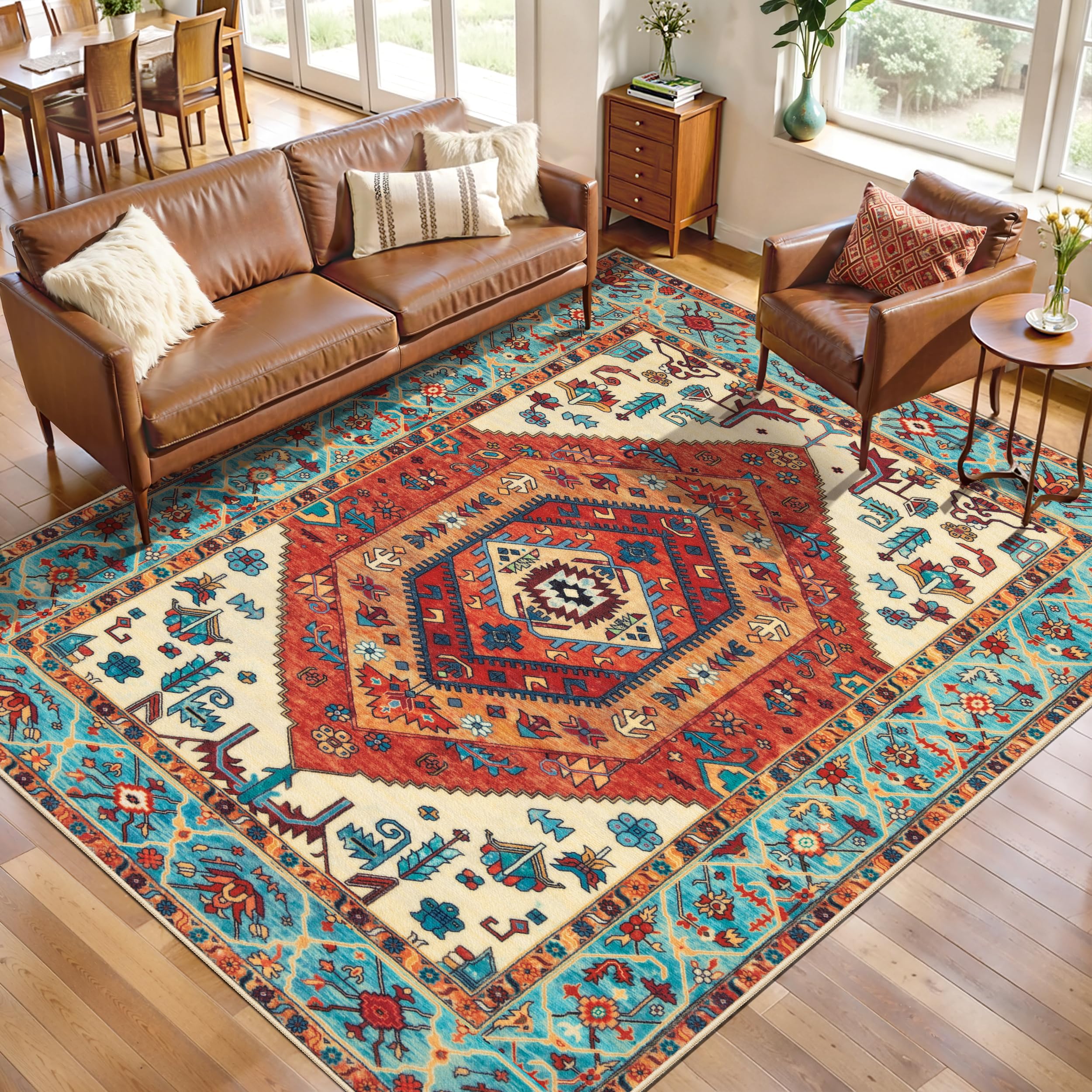 SERISSA Washable Rugs 8x10 Area Rugs, Large Non-Slip Boho Living Room Rust Rug, Ultra Soft Vintage Print Distressed Oriental Tribal Farmhouse Carpet for Dining Room Bedroom Dorm Office Home Decor