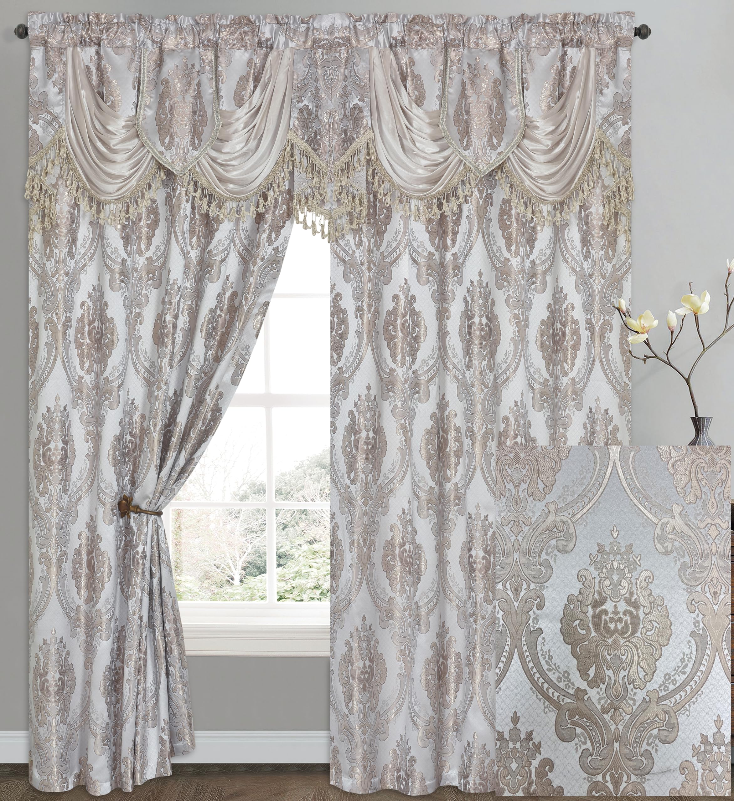 GOHD Luxe Love. Jacquard Window Curtain Panel Drape with Attached Fancy Valance. 2pcs Set (Sand, 84" Drop x 54" Wide with 18" Valance x 2pcs)