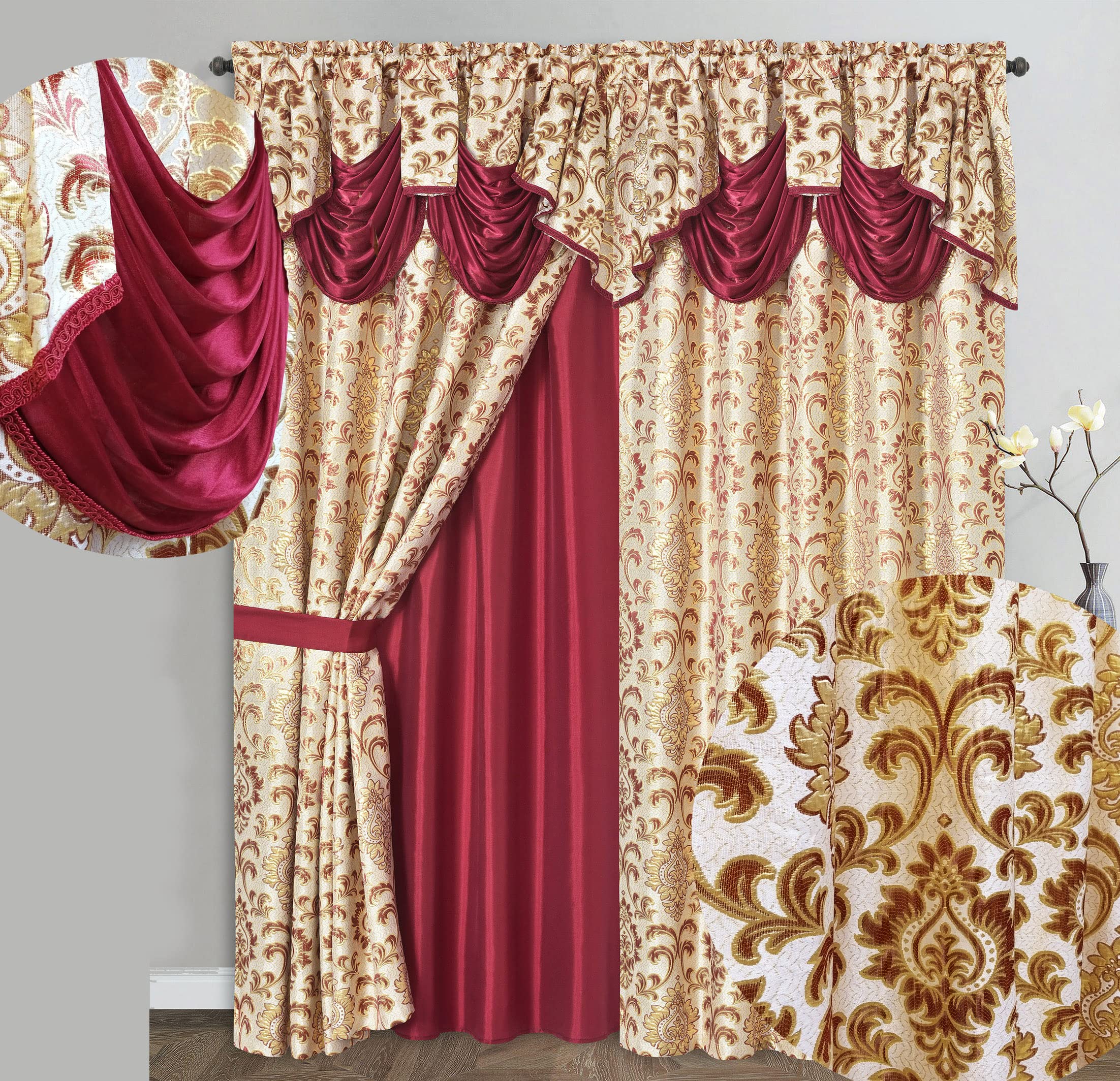 GOHD Samba Star. Jacquard Window Curtain Panel Drape with Attached Fancy Valance and Taffeta Backing. 2pcs Set. Each pc 54" Wide x 90" Drop with 18" Valance. (Hunter Green)
