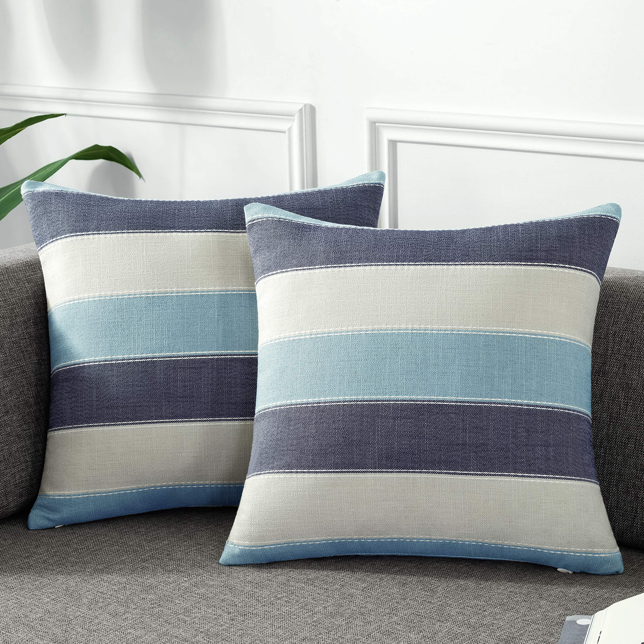 AmHoo Pack of 2 Farmhouse Stripe Check Throw Pillow Covers Set Case Cotton Linen Decorative Pillowcases Cushion Cover for Couch Bench Sofa 18x18 Inch Sage Green